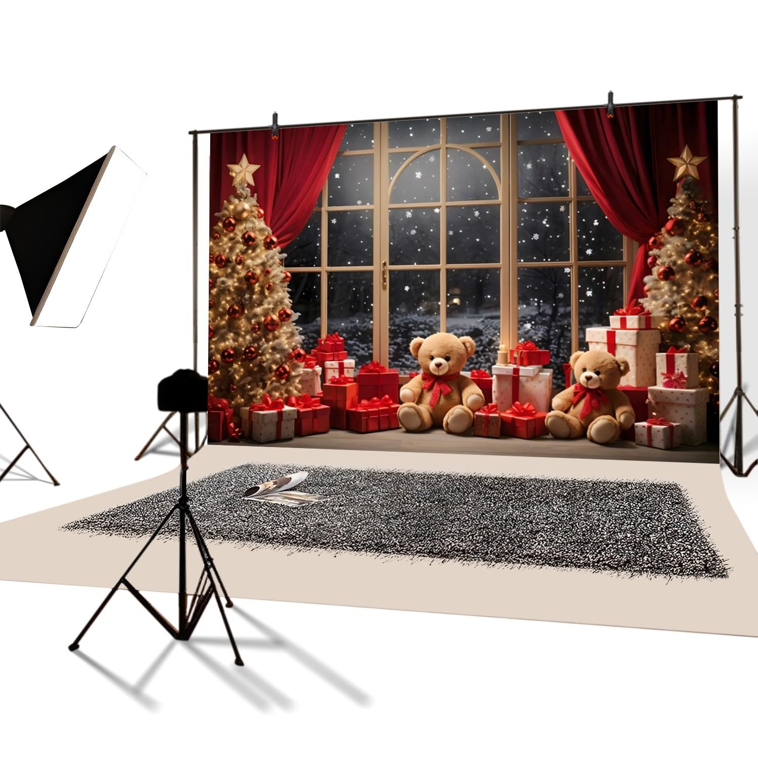 YongFoto 3x2,5m Finestra invernale Fondali fotografici Interni Albero di Natale Regalo Giocattolo di La Finestra Natale Notte silenziosa Sfondo Tema familiare Foto Studio Spara oggetti di scena