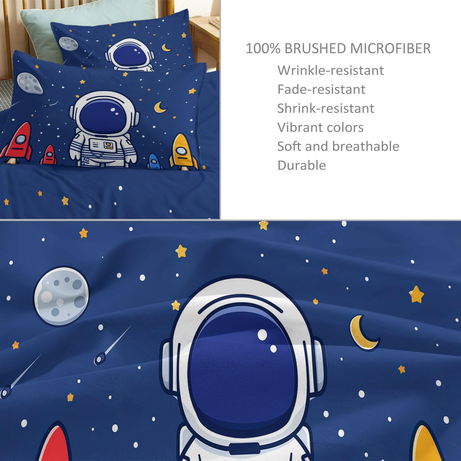 3-częściowy zestaw dwustronnej pościeli dla dorosłych 2 osób, kreskówkowy astronauta księżyc planeta poszwa na kołdrę zestaw pościeli z mikrofibry dla dzieci 140 x 200 cm, z 2 poszewkami na poduszki