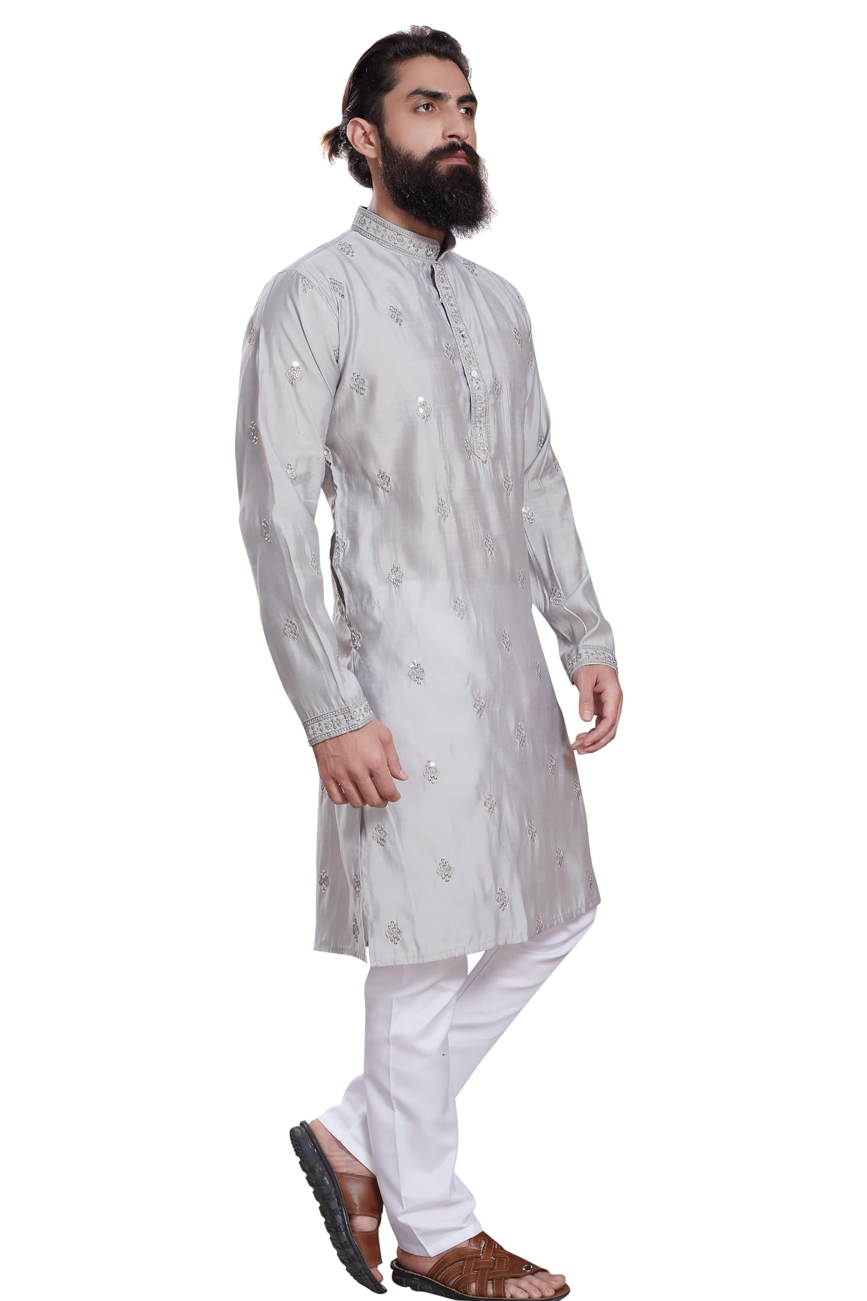 Divisive Men's Embroidered Cotton Silk Blend Only Slim Fit Kurta (Dkrt212_S_Grey)
