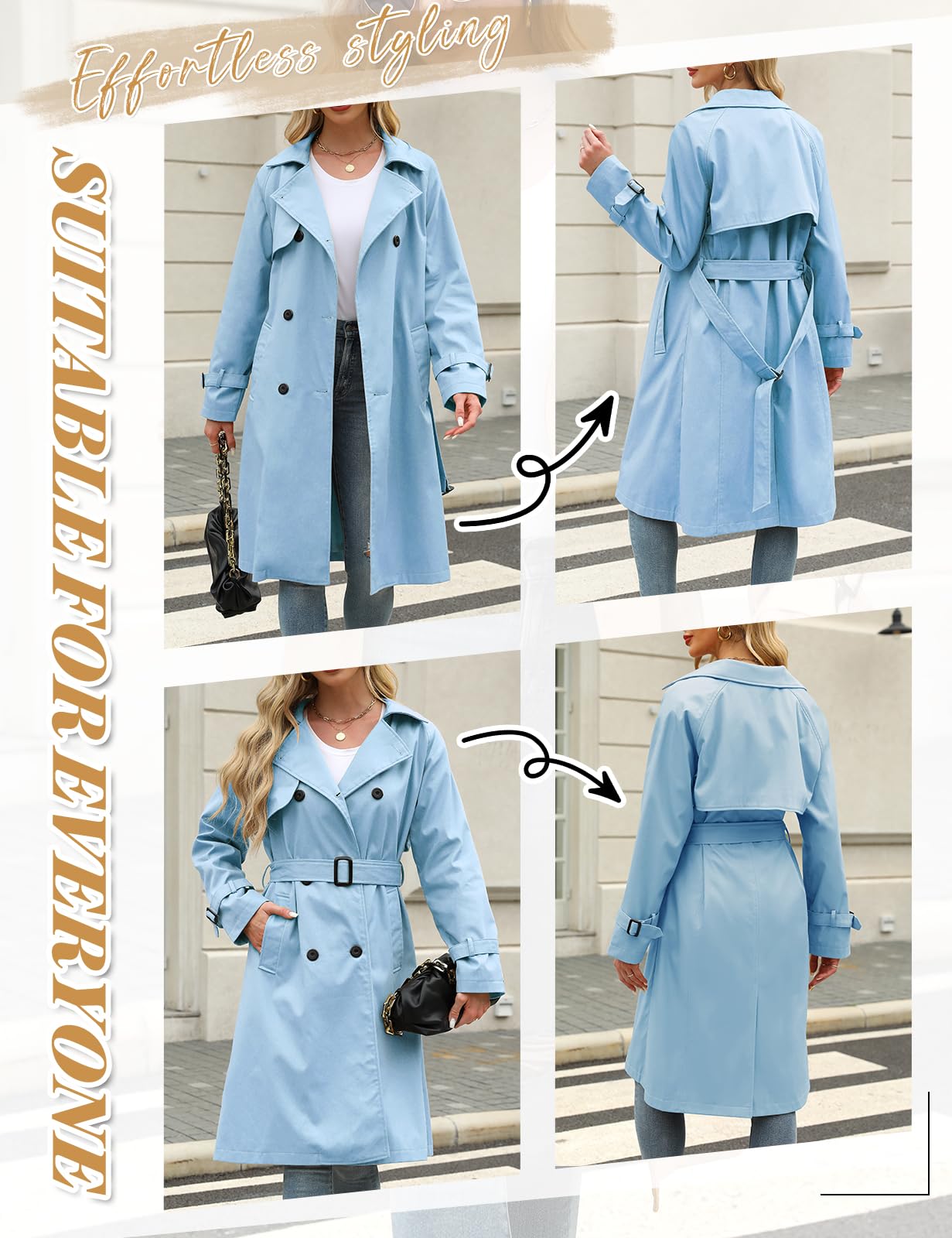 Tuopuda Trench Donna Primaverile Autunnale, Cappotto Doppiopetto Lungo Classico Antivento, Giacca a Maniche Lunghe Trenchcoat Cappotti Mantello Windbreaker Giacche con Tasche