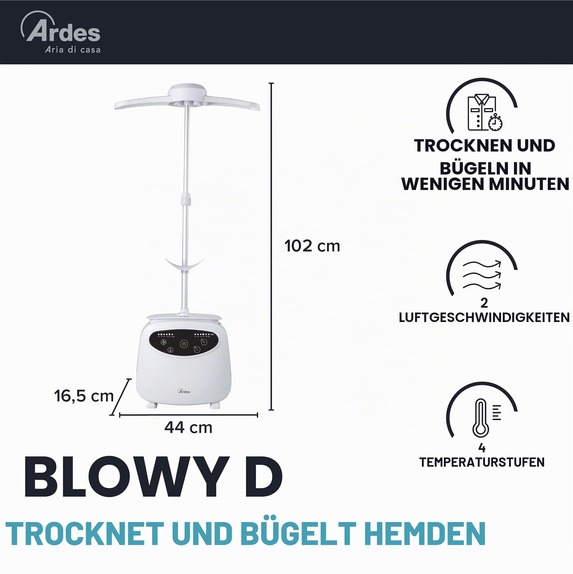 Ardes BLOWY PRIME Automatisches Bügelgerät und Trocknungspuppe 2-in-1, Vertikales Bügeln ohne Falten, 4 Gewichtsclips, Timer und Digitalanzeige