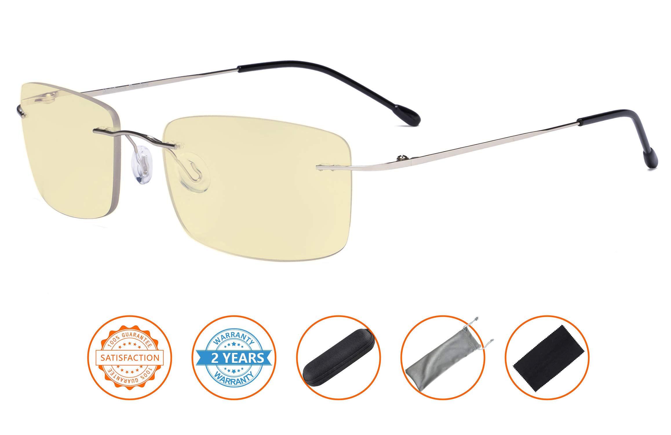 CessBlu Blue Light Blocking Glasses for Men Reading Computer Anti Glare UV Eyeglasses Flexible Rimless Yellow Filter (Silver)