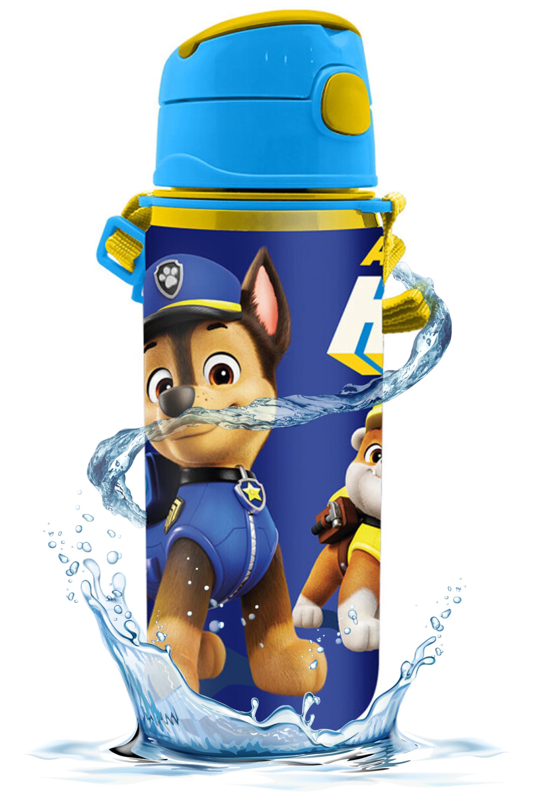HOVUK 600ml Paw Patrol Aluminium Water Bottle with Straw & Carry Strap, Leak Proof Drink Bottle For School, Sports Water Bottle for Kids Boys