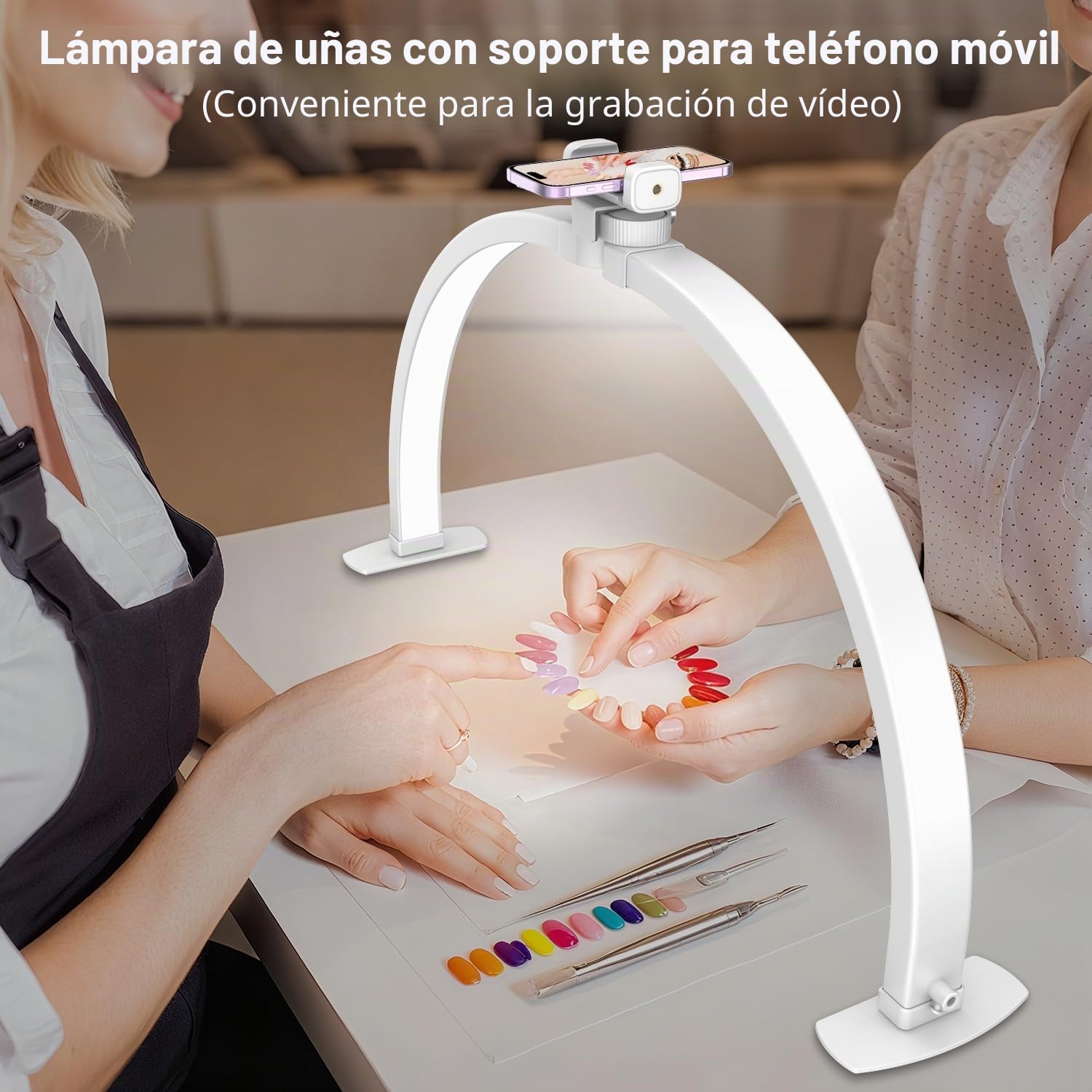 yAyusi Luz de Media Luna con Soporte para Teléfono Móvil, 74CM 35W Plegable Lámpara LED de Luna, 3 Modos, 10 Niveles de Brillo Ajustables, Adecuado para Belleza/Arte de Uñas/Tatuajes