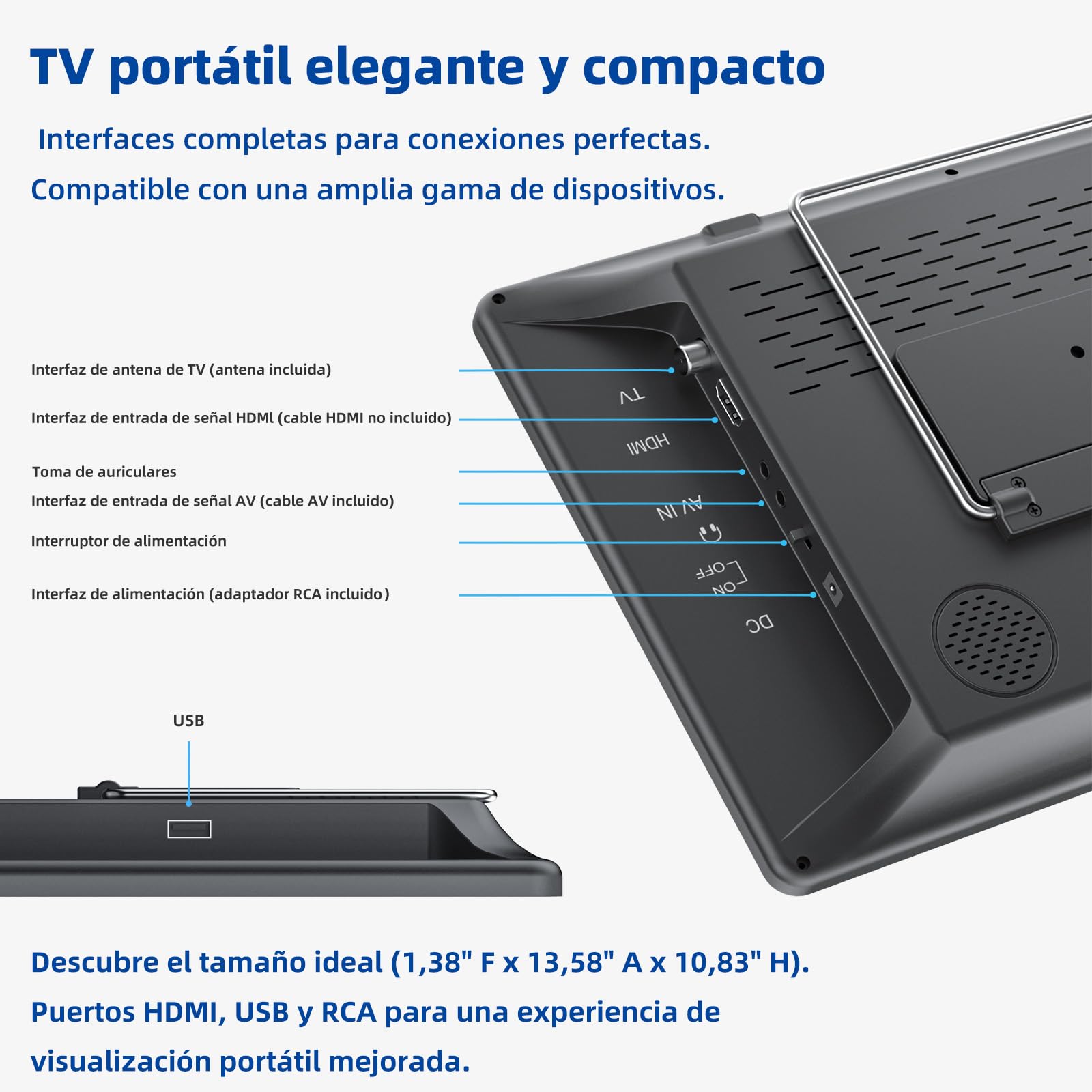 Desobry Televisor portátil de 14,3 Pulgadas con Antena, Pequeño televisor portátil con sintonizador DVB-T2, Mini televisor LCD Que se Carga con Pilas