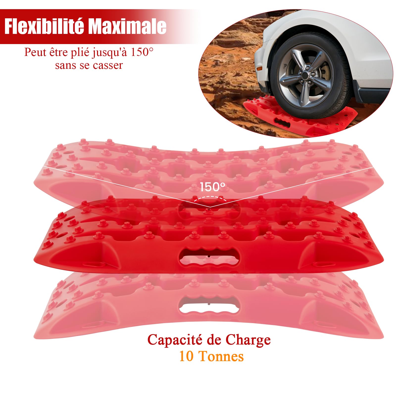 SOARS Lot de 2 Tapis de Traction Tout-Terrain, Planche de Récupération pour Boue, Sable et Neige, Charge Maximale 10 T, pour Voiture Tout-Terrain, Camping-Car, Camion, 58 x 31 x 6 CM, Rouge