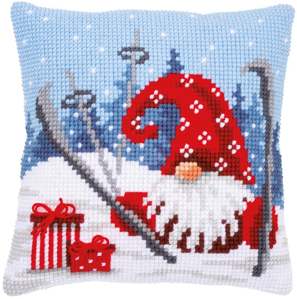 Vervaco Kreuzstich Stickpackungen Kissen Stickerei Set Anfänger Vorgedruckt Weihnachtsgnom auf Ski DIY Set Kreativ Set Für Erwachseneca. 40 x 40 cm Bastelset Handwerker Haus Dekoration