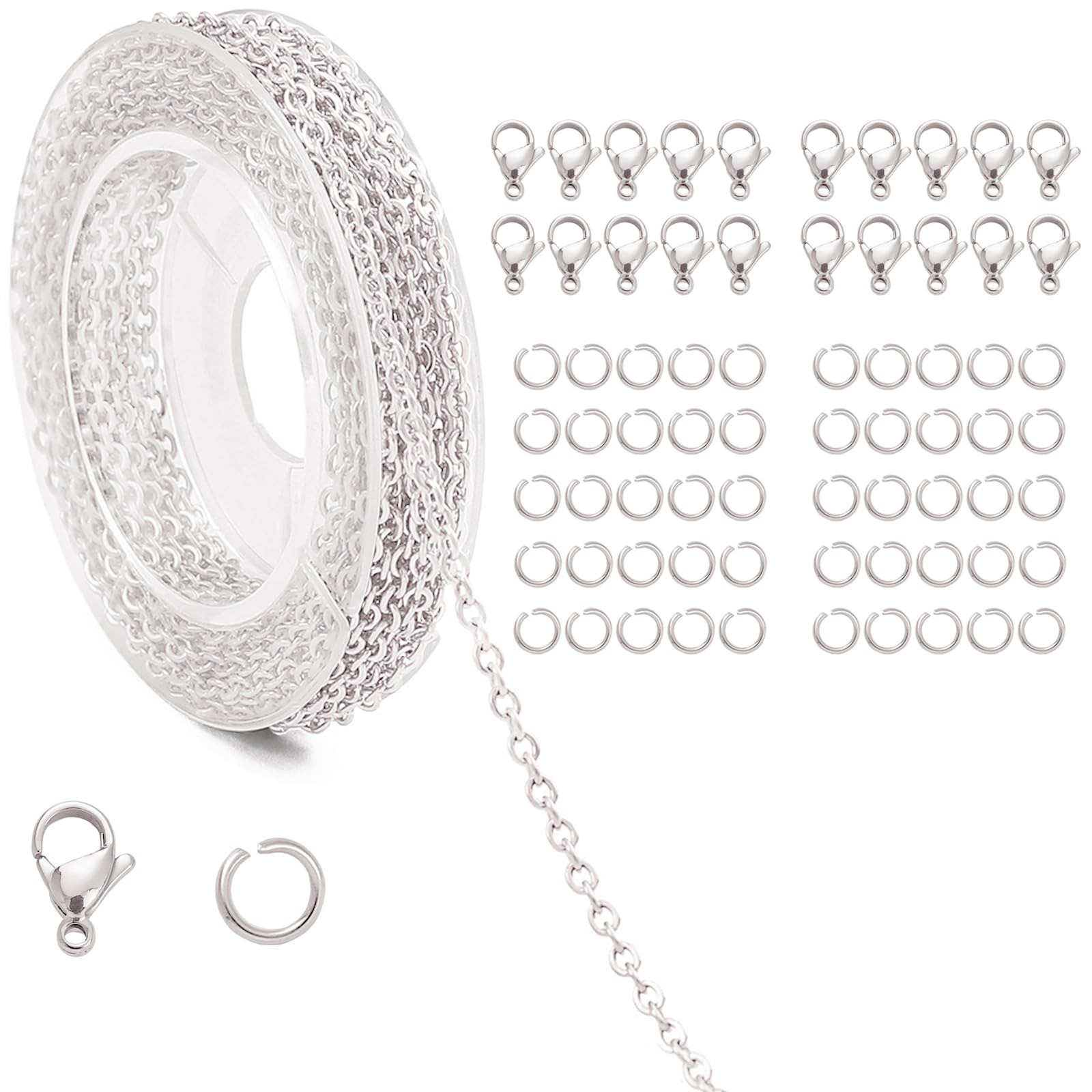 アクセサリー用 チェーン 長さ5メートル 幅1.5mm DIY アクセサリーチェーン ロブスタークラスプ ジャンプリング付き アクセサリーパーツ 指輪 リングチェーン メガネチェーン ブレスレット ネックレス ジュエリーパーツ ハンドメイド 手作り 雑貨 (シルバー)