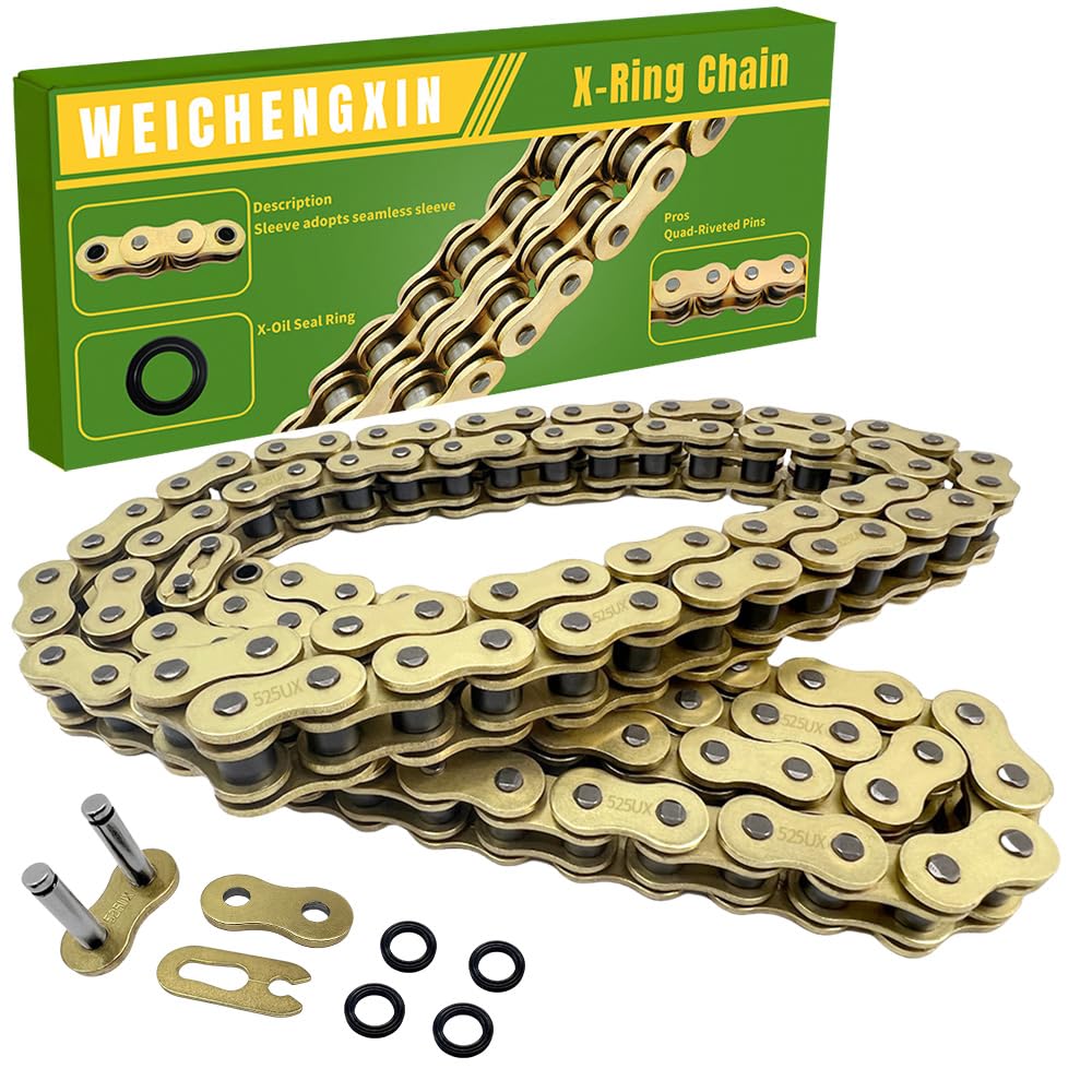WEICHENGXIN Gold 525 X-Ring Chain 114 Links Motorcycle Chain with Connecting Master Link OEM #67641121A 94582-21114-00 94582-40114-00 94A40-02114-00