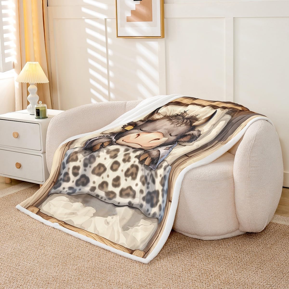 Sleeping Farm Cow Blanket Twin 60x80 Cartoon Highland Cattle Blanket for Kids Boys Girls Leopard Print Polyester Soft Fleece Blanket Rustic Wooden Board Blanket Living Room Decor