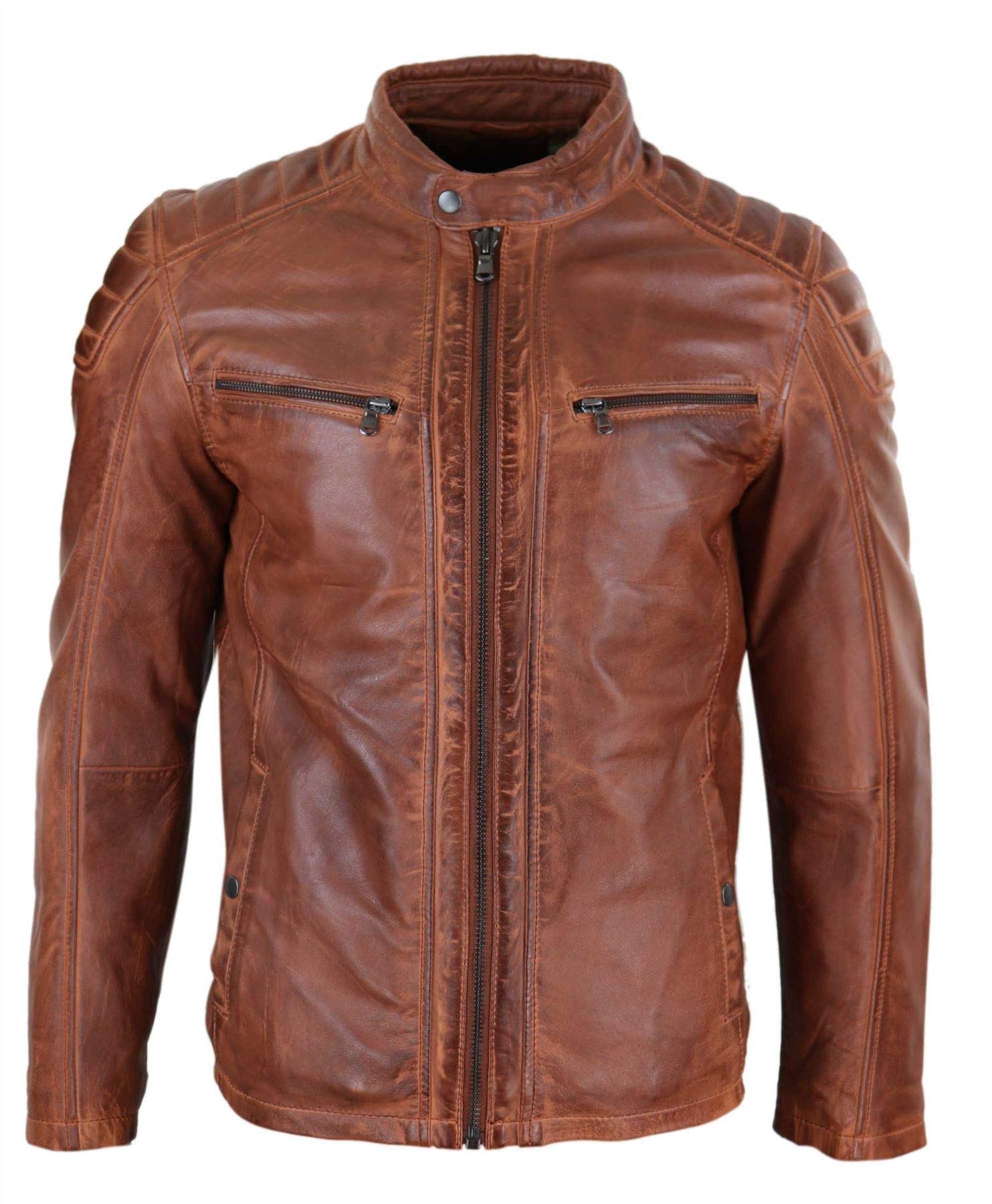 Infinity Leather Men's Tan Brown Infinity Real Leather Jacket Tailored Fit Biker Zipped Smart Casual Retro Vintage - Xs