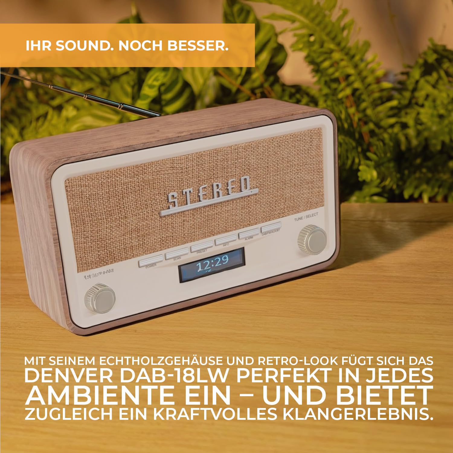 Denver Retro DAB-18 Digitalradio | DAB Plus Radio mit Bluetooth & FM | 2x20W Stereo-Lautsprecher | Kleines Radio mit Netzstecker | Küchenradio DAB mit gutem Klang | LCD-Display & Weckfunktion | DAB Plus & FM & Bluetooth, 2x20W Stereo-Lautsprecher, LCD-Dis