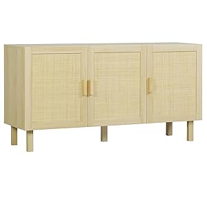 HOMCOM Aparador 3 Puertas de Rejilla de Ratán Aparador para Salón Nórdico con Estantes Ajustables para Comedor Entrada Dormitorio Natural 136x41x70 cm