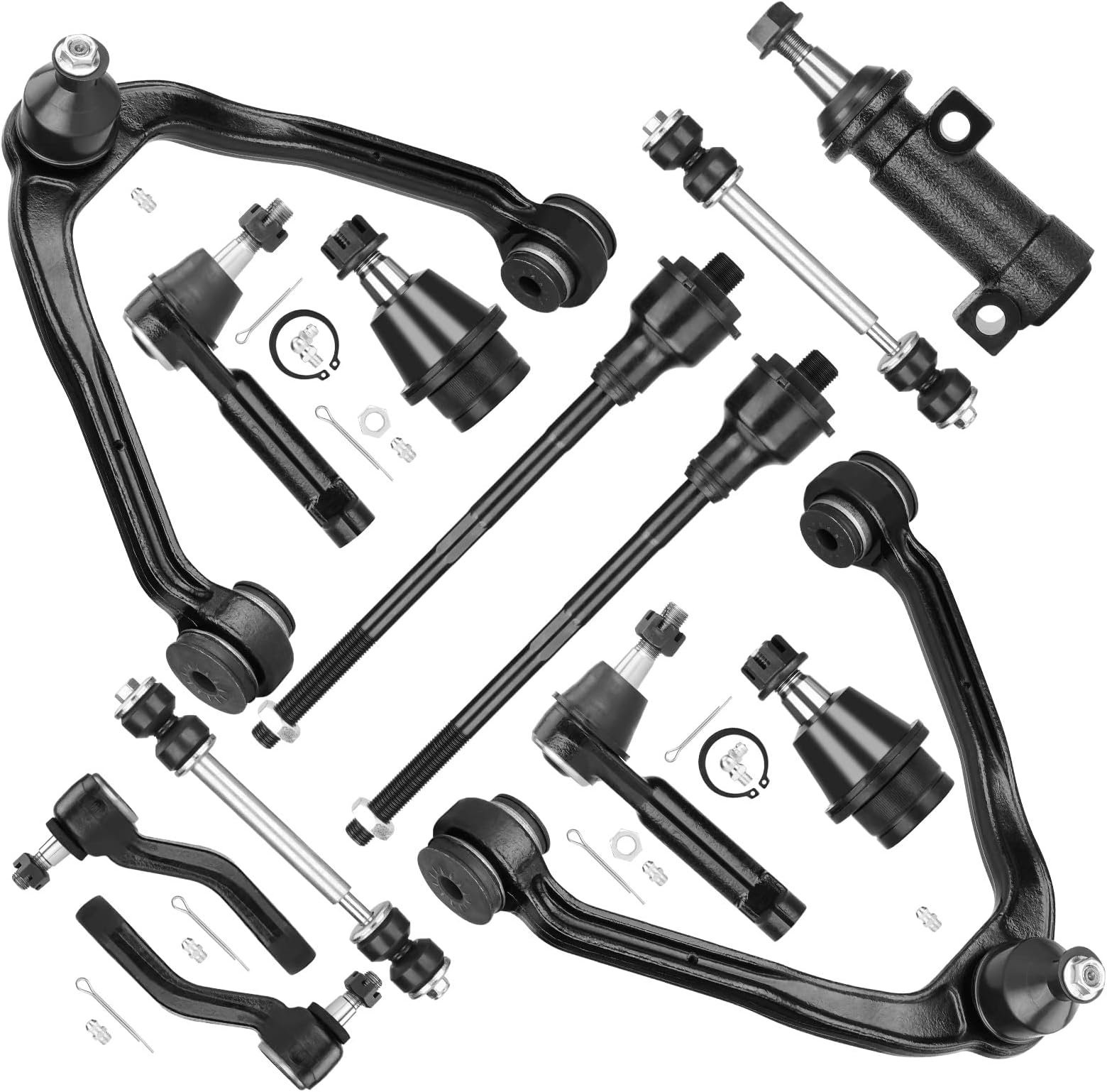 4WD Front Upper Control Arms w/Ball Joints Tie Rods Suspension Kit for 1999-2006 Chevy Avalanche Suburban Silverado 1500 Tahoe, GMC Sierra 1500 Yukon, 2000-2006 Cadillac Escalade (13pc Set)