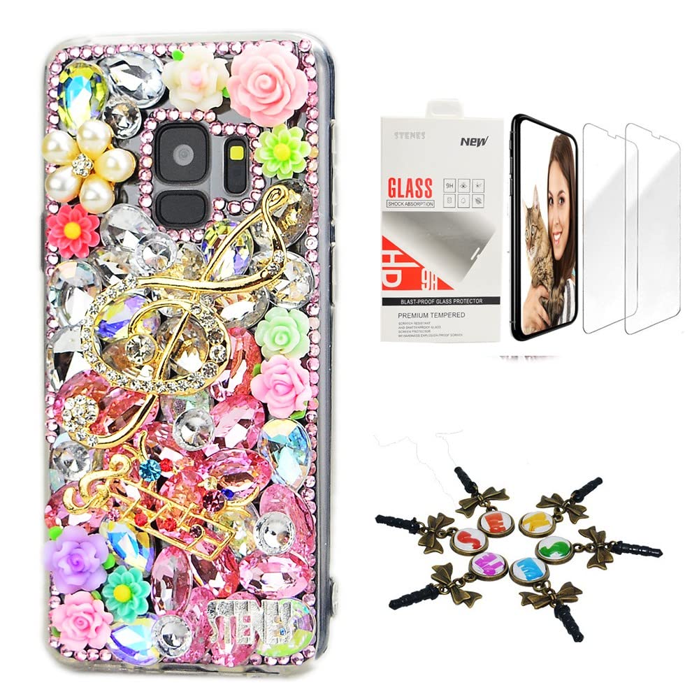 STENES Sparkle Case Compatible with Samsung Galaxy A42 5G Case - Stylish - 3D Handmade Bling Music Flowers Design Cover Case with Screen Protector [2 Pack] - Pink