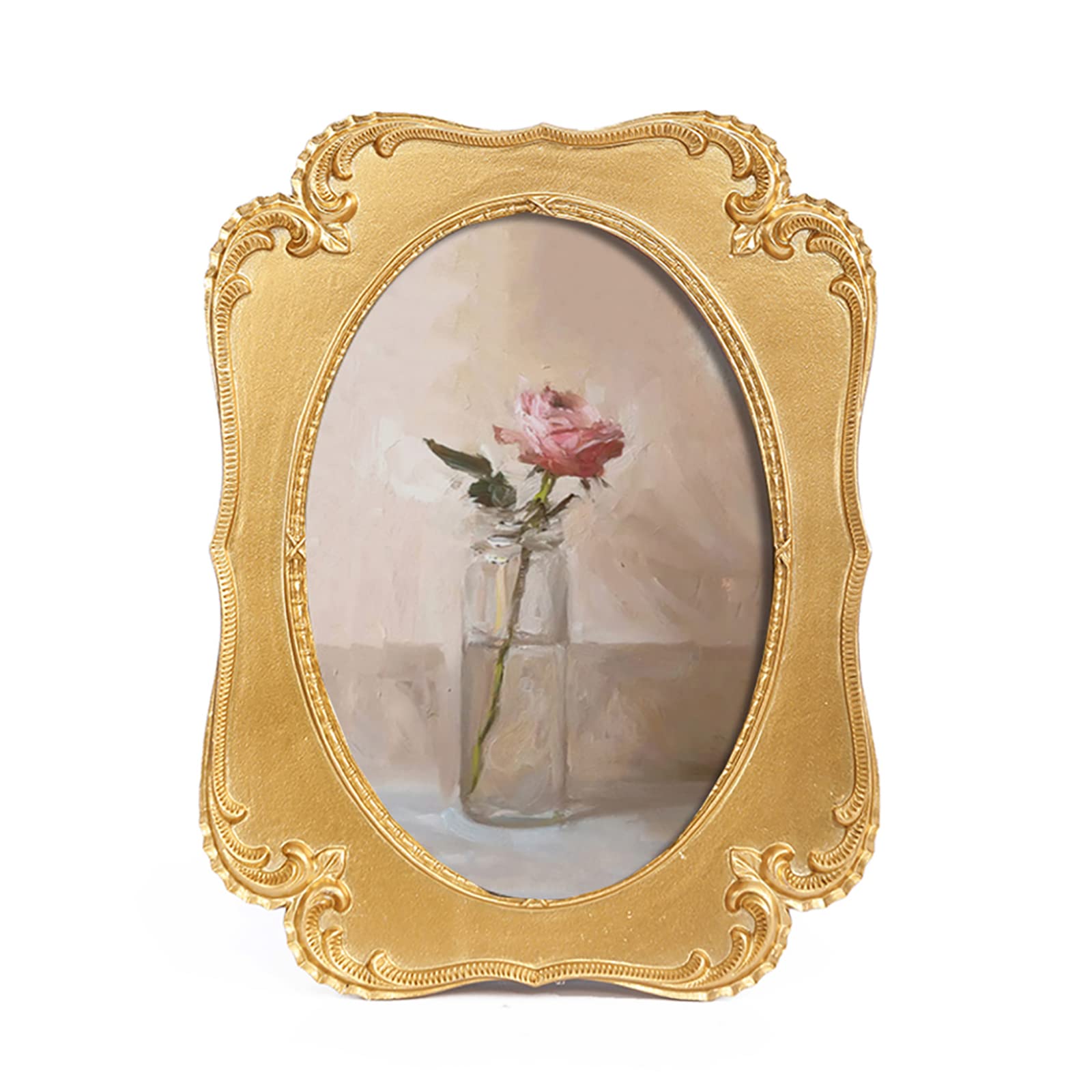 SIKOO Vintage 5x7 Gold Oval Picture Frame Antique Ornate Table Top and Wall Mounting Photo Frame with High Definition Glass Front for Home Decor, Retro Photo Gallery, Old-Fashioned Art, Gold
