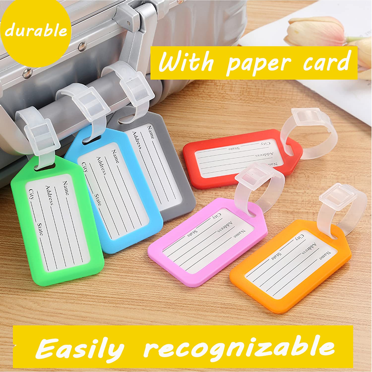 Etichette per Bagagli BlueCosto (Grande, Verde, 10 Pezzi) - Etichette per Valigie da Viaggio con Scheda di Identificazione del Nome e Anelli in Metallo Resistente