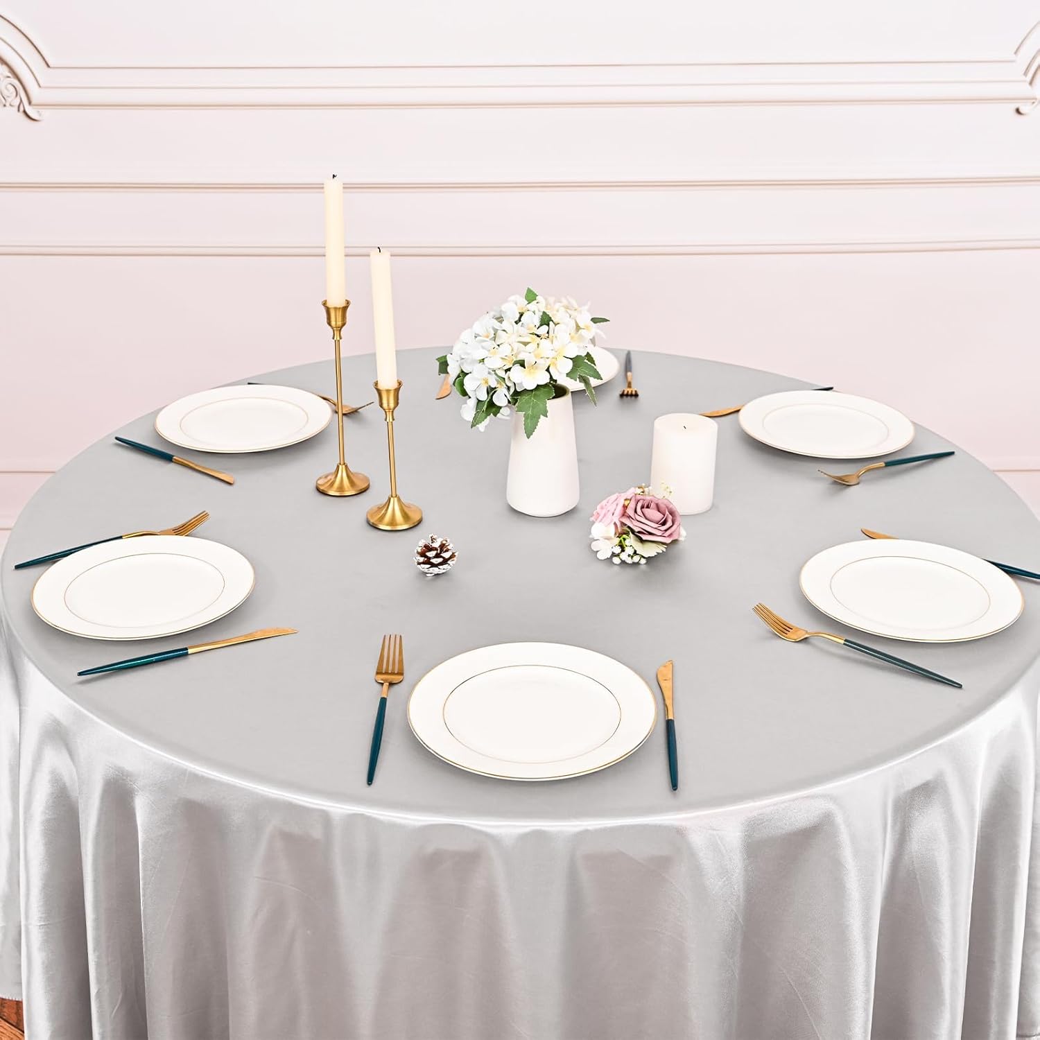 8 Pack Silver Table Cloth 90 Inch Round Silky Satin Tablecloth,Bright Silk Smooth Washable Fabric Table Cloth, Overlay Silky Table Cover for Wedding Party Banquet Event Dining Decoration