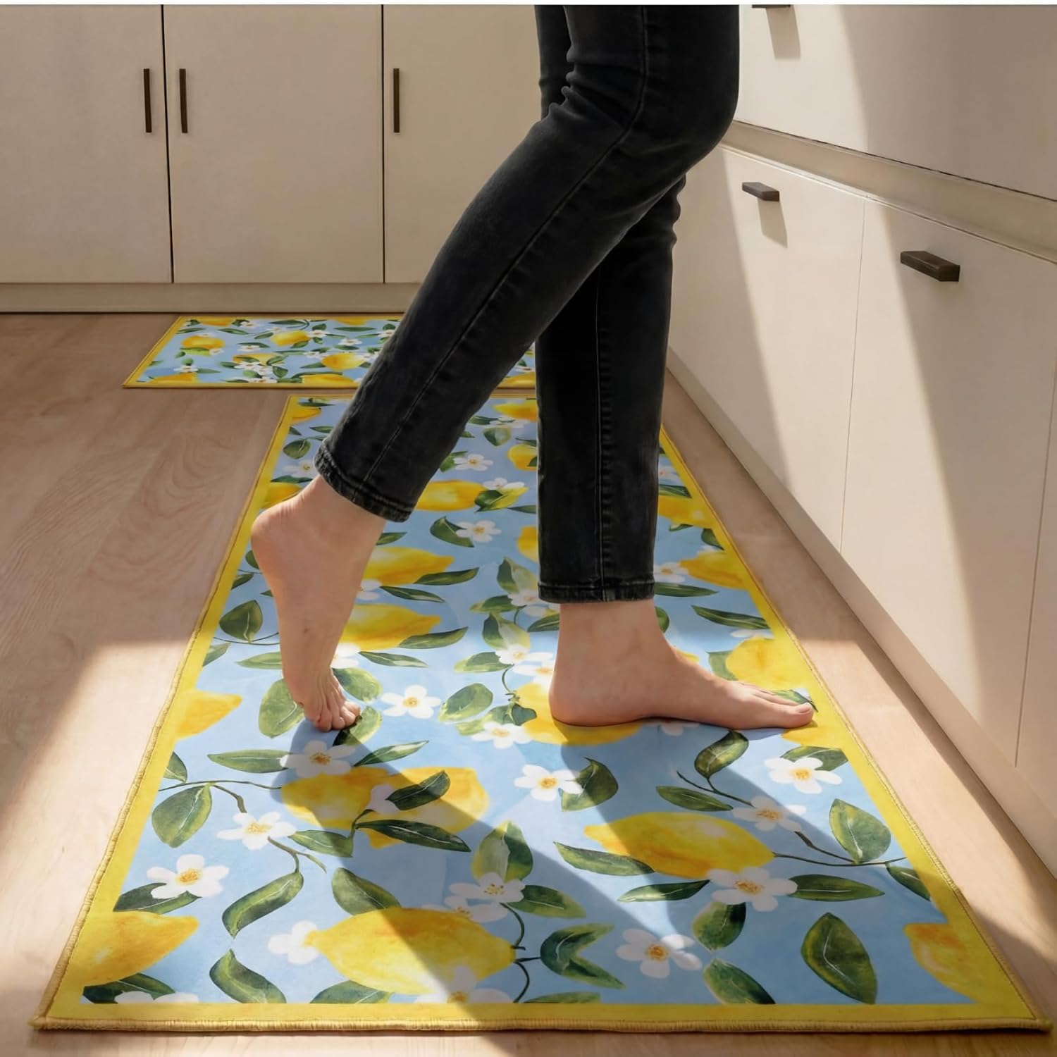 Sliner Light Blue 2 Pcs Lemon Kitchen Mats Lemon Kitchen Rugs for Floor Washable Soft Non Slip Carpet for Bathroom Sink Laundry Decor, 17" x 30" + 17" x 47"