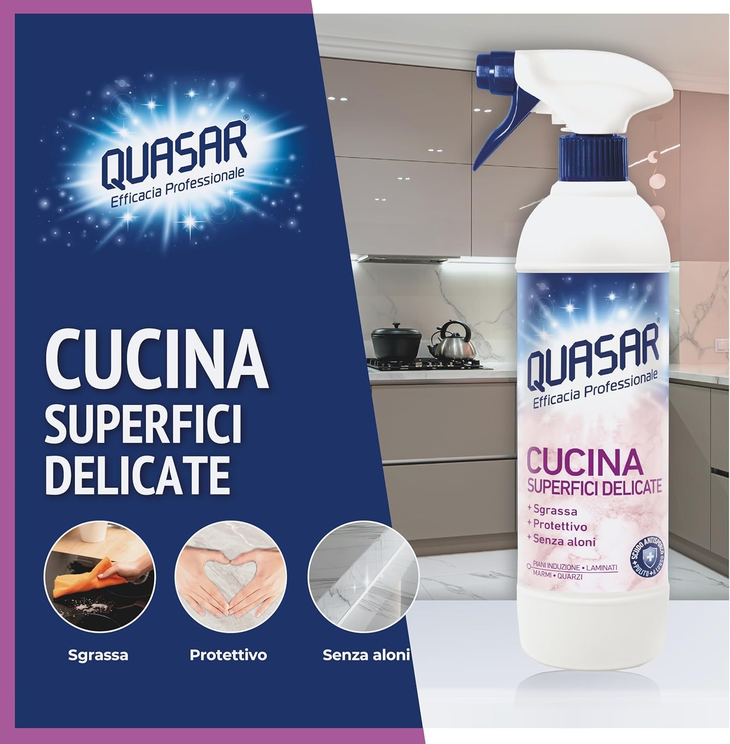 Quasar Cucina - Limpiador para superficies sensibles, placas de inducción, laminados, mármol, cuarzo, desengrasado, efecto protector, sin rayas, incluye llavero Italy Shop Service gratuito