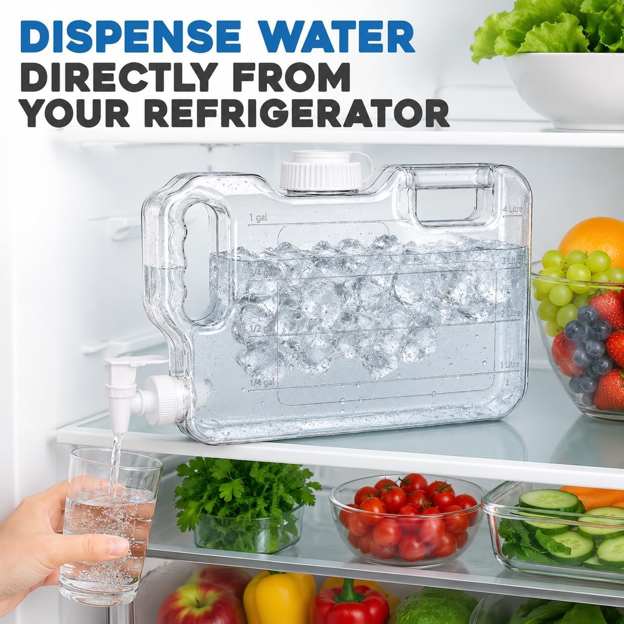 Fridge Water Dispenser with Leak-Proof Spigot, Reusable Refrigerator Drink Dispenser with Handle, Water Jug Beverage Container for Iced Tea, Juice, Lemonade, Party and Daily Use (1, 1.1 Gallon)