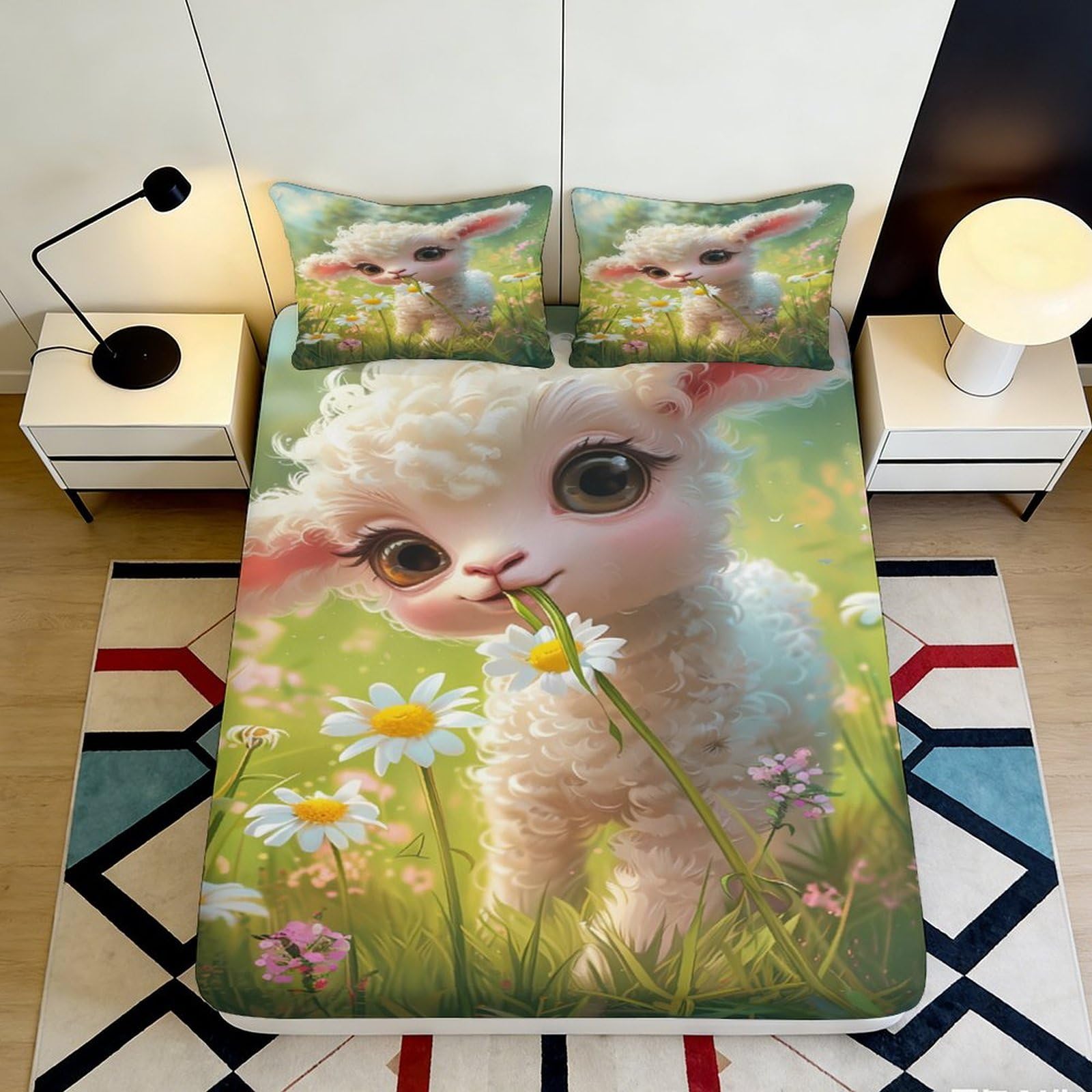 3D Printed Lamb Pastoral Fitted Sheet Microfiber Deep Pocket Non-Slip Bedding Lamb Mattress Fitted Cover Full Wrap Washable for Home 120x200x25cm
