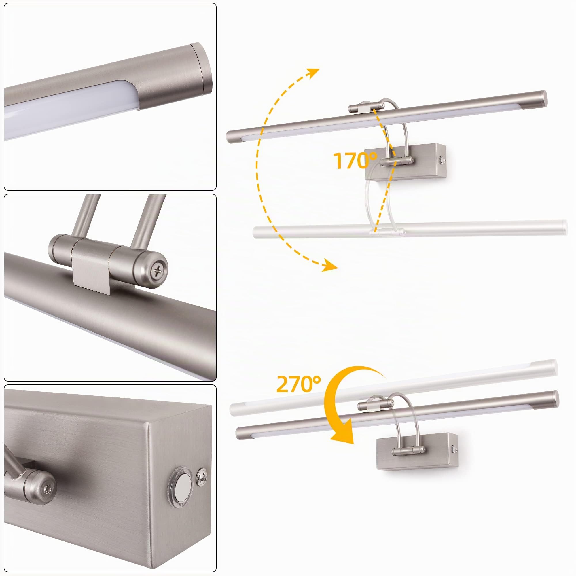 MantoLite LED Regulable Lámparas de Pared 15W,60CM Interior Iluminación para cuadros y expositores Cabeza Giratoria Lectura Lámpara,Latón Níquel Baño Espejo Apliques de Pared 3000K/4000K/6000K