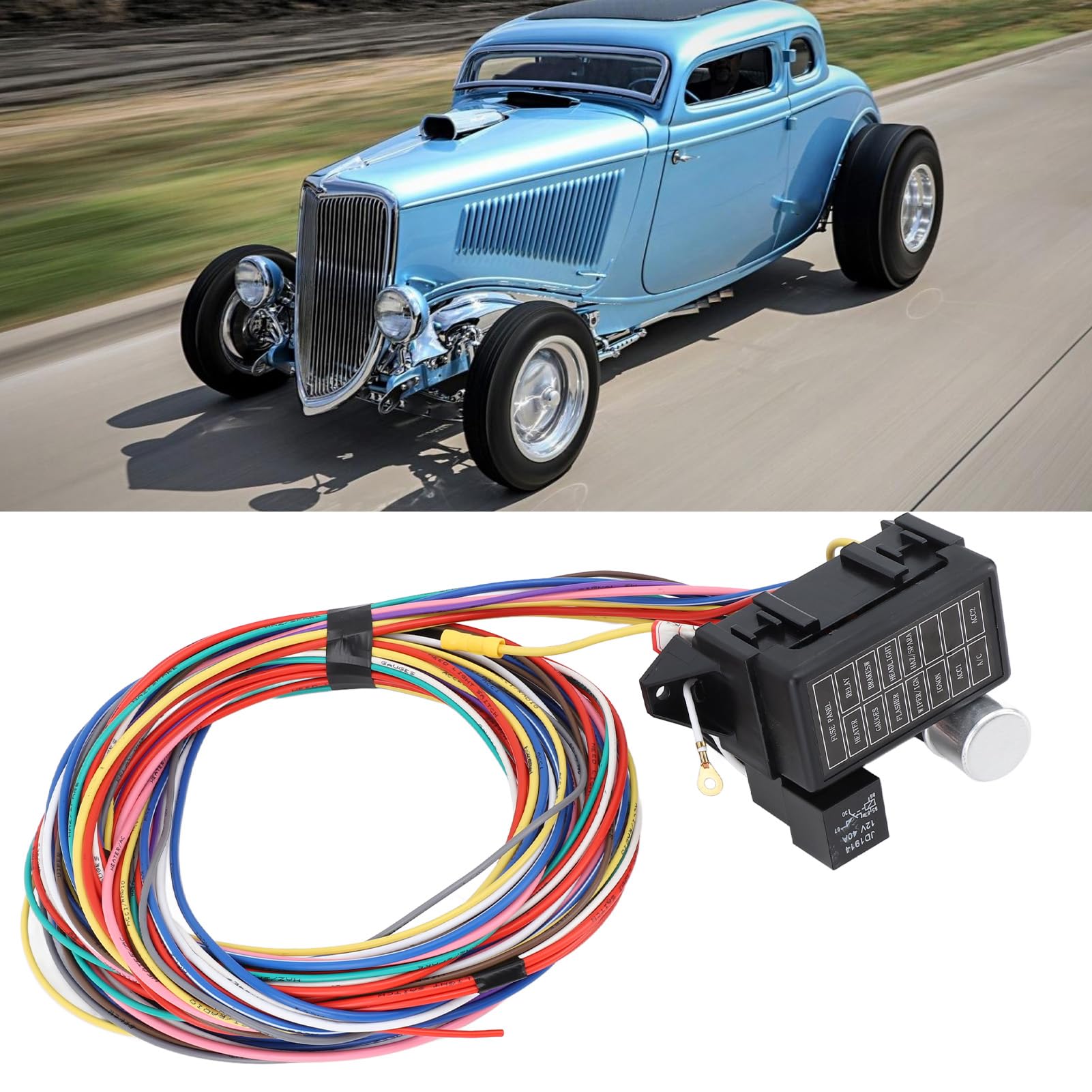 Ejoyous Juego de Arnés de Cableado de 12 Circuitos con Panel de Fusibles Resistente Al Calor y relé para Autos Clásicos y Rat Rods