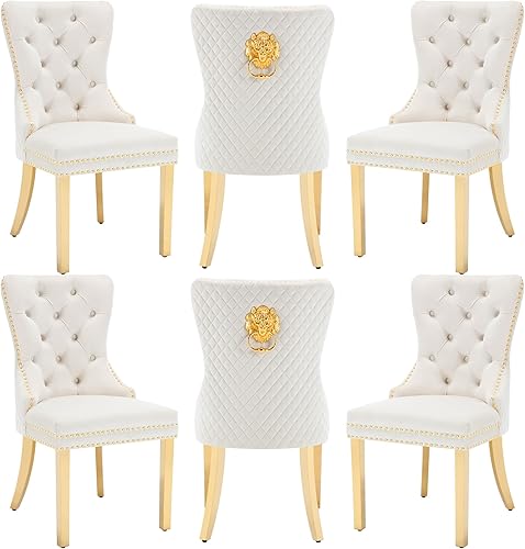 Miniatura 27 de Sillas de Comedor de Terciopelo Juego de 4, Colección Nikki Sillas de Comedor con Patas de Acero Inoxidable Dorado y Anillo Tirador de Cabeza de