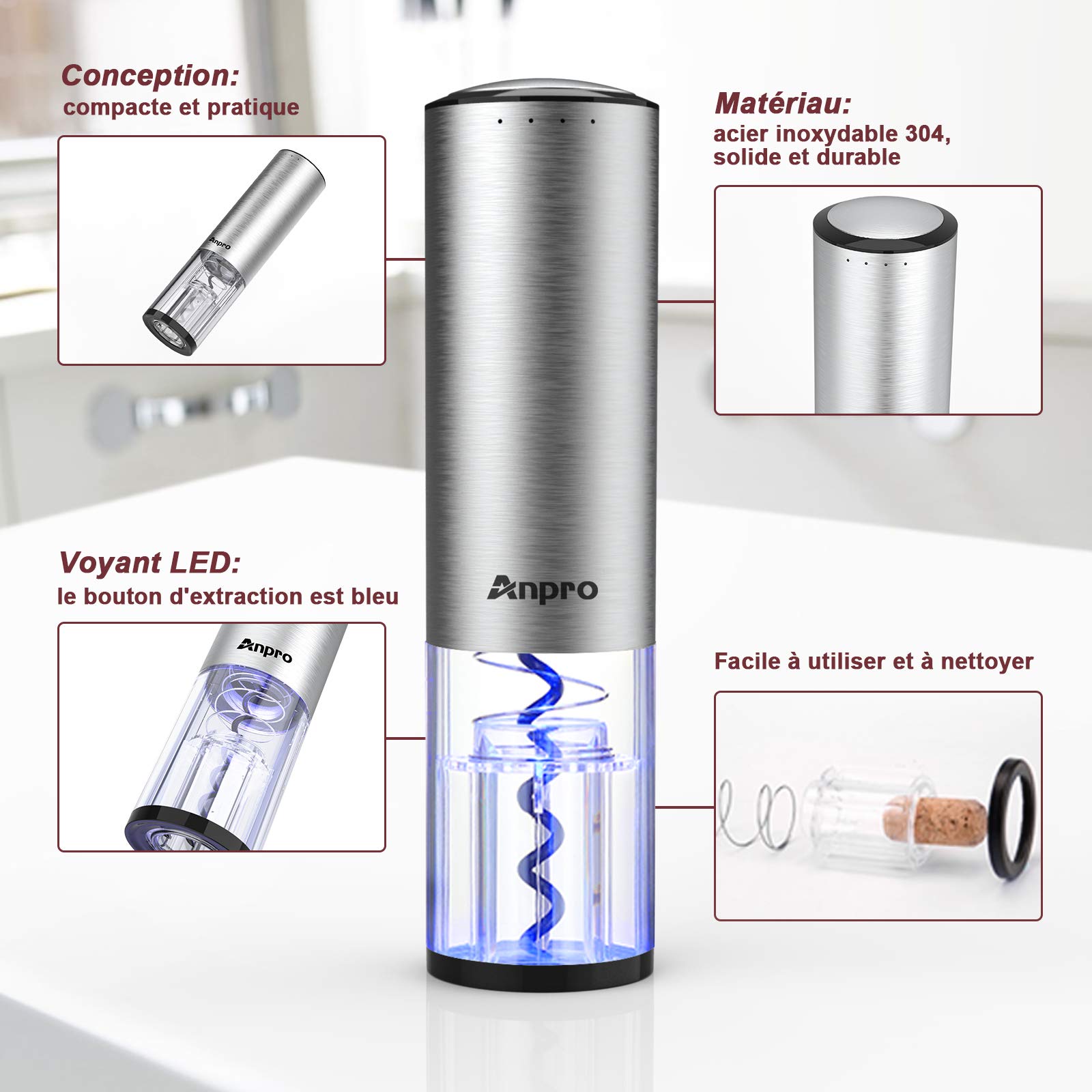 Anpro Tire Bouchon Electrique,Ouvre Bouteille Automatique Rapide，avec Bouchon de Pompe à Vide,Tire-Bouchon screwpull pour Vin avec Charge à l'aide du Port USB,Cadeau de Noël