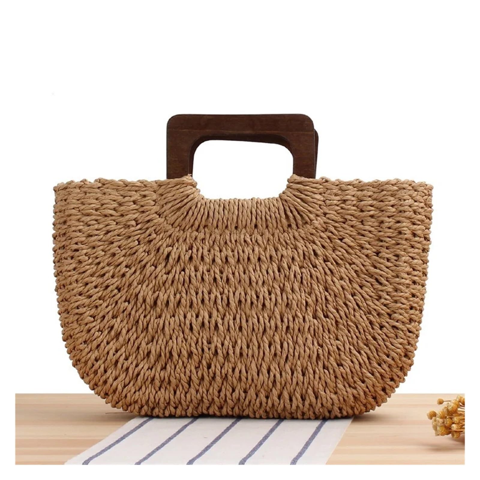 Borsa Semplice Intrecciata A Mano Con Manico In Legno | Spiaggia estiva