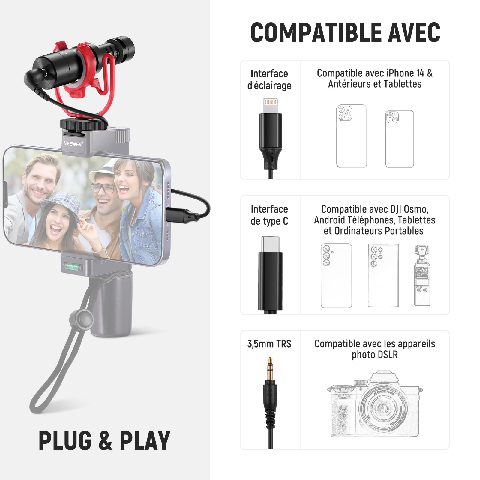NEEWER Microphone vidéo pour Smartphone, kit de Micro sur caméra avec Support Antichoc Noir Pro Compatible avec iPhone Android DSLR Appareil Photo Tablette (Adaptateur iPhone Non Inclus), CM14 Pro NEEWER Microphone vidéo pour Smartphone, kit de Micro sur caméra avec Support Antichoc Noir Pro Compatible avec iPhone Android DSLR Appareil Photo Tablette (Adaptateur iPhone Non Inclus), CM14 Pro