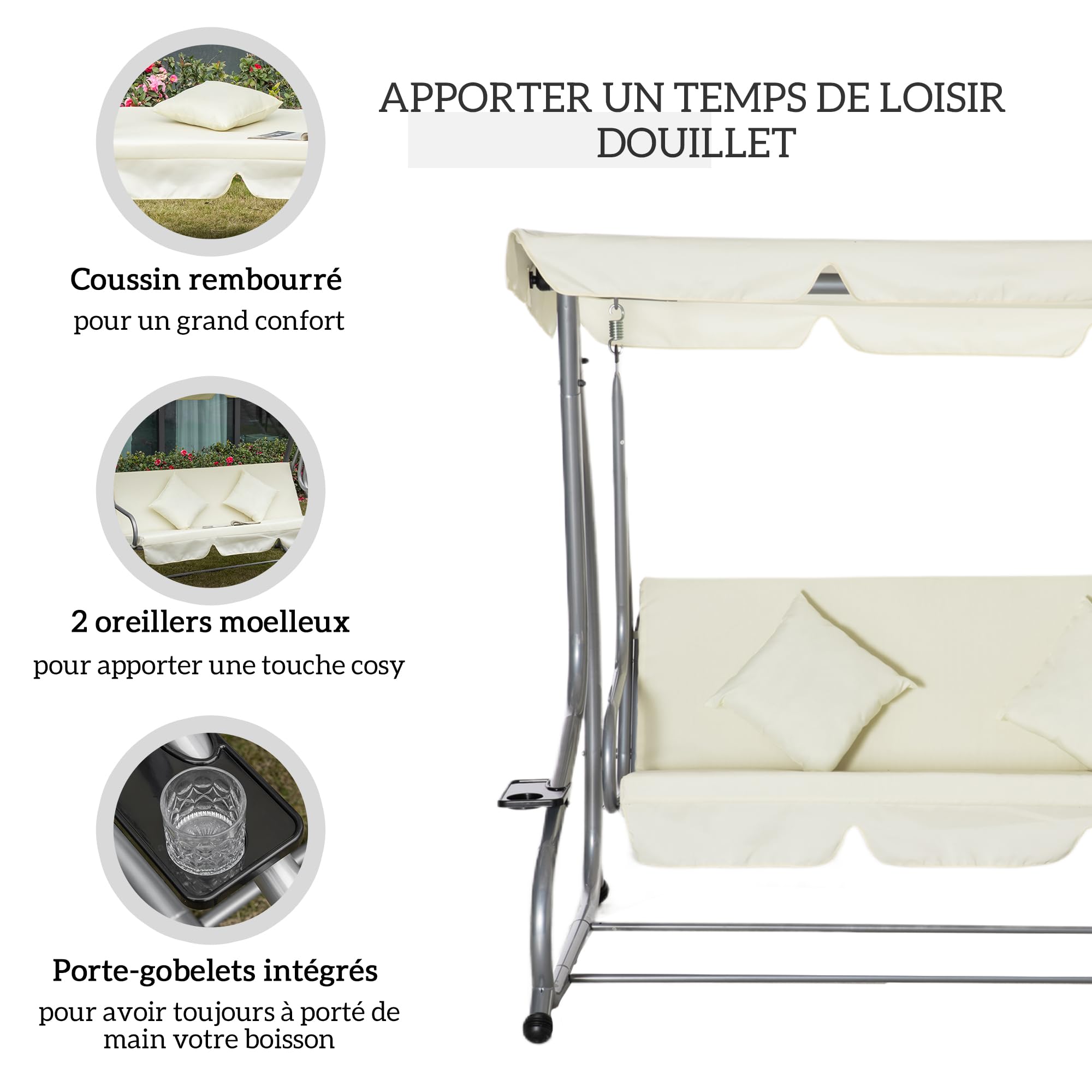 Outsunny Balancelle de Jardin 3 Places Convertible Toit Inclinaison réglable Acier Noir Polyester Beige