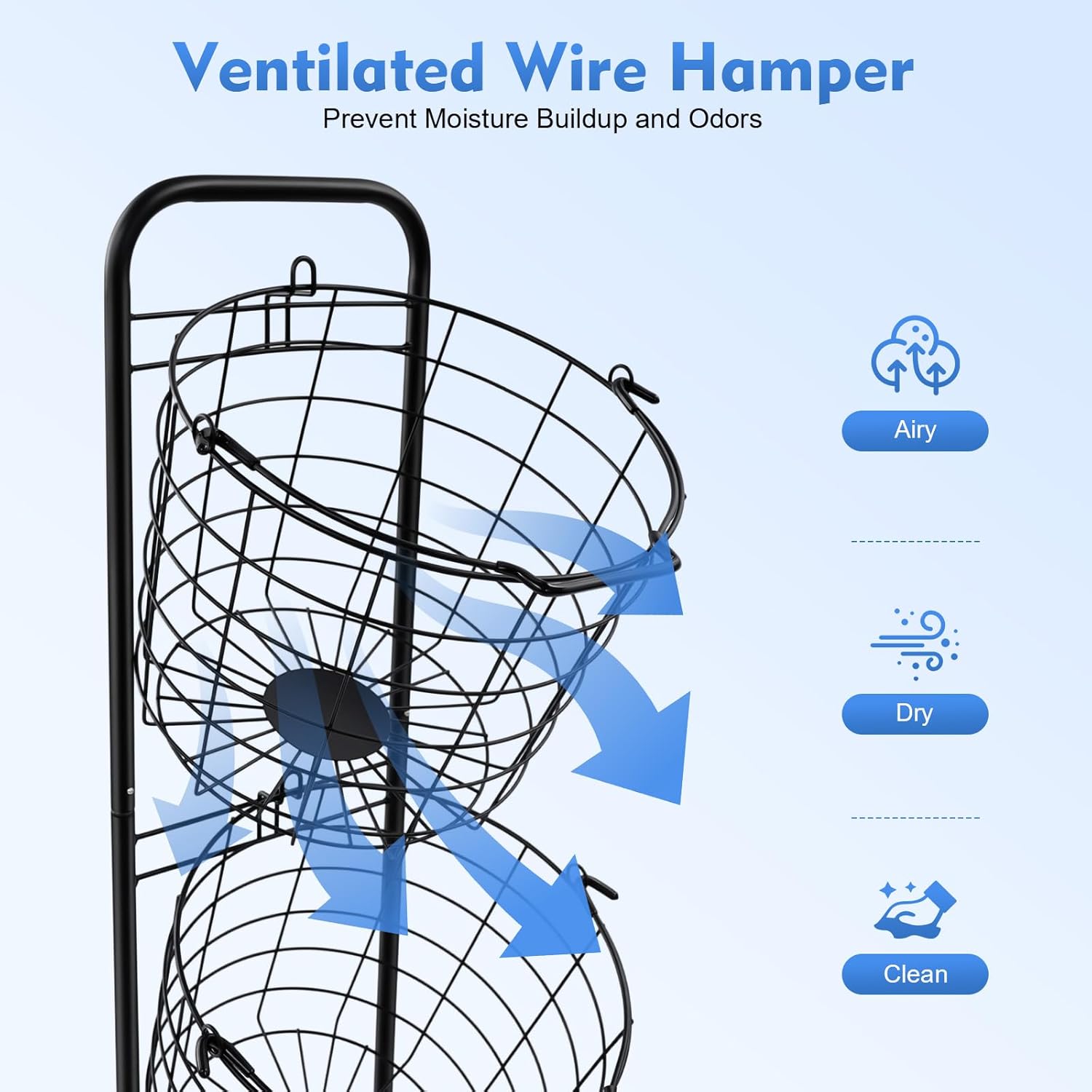 3 Tier Laundry Hamper Sorter, Vertical Rolling Laundry Baskets with Wheels, Removable Stackable Metal Laundry Cart Organizer with Handles for Bathrooms Bedrooms Kitchens, Black