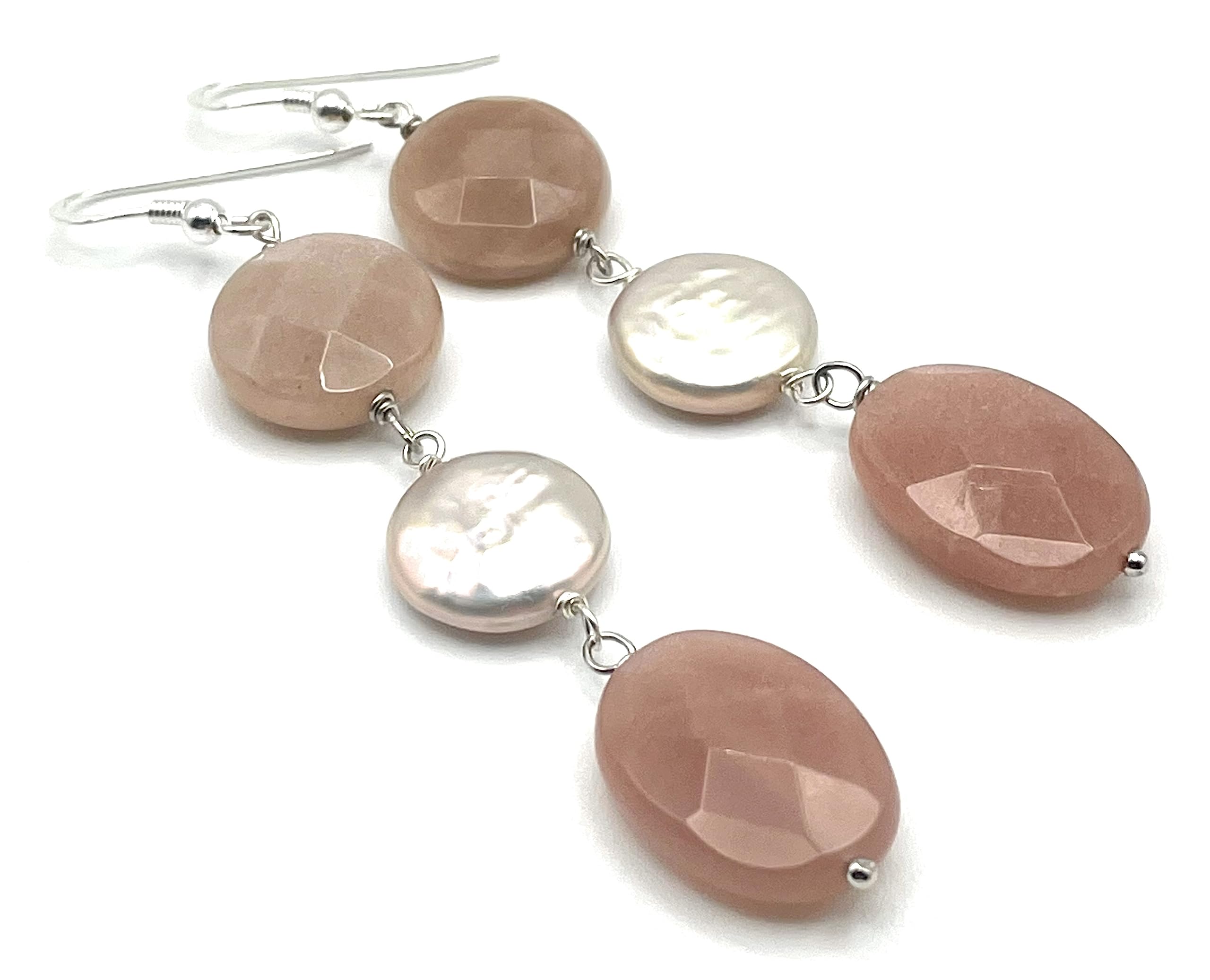 Orecchini con Perle Rosa e Pietra del Sole Beige, Pendenti in Argento 925, Gioielli Artigianali Moderni, Bijoux Pietre Naturali, Regalo