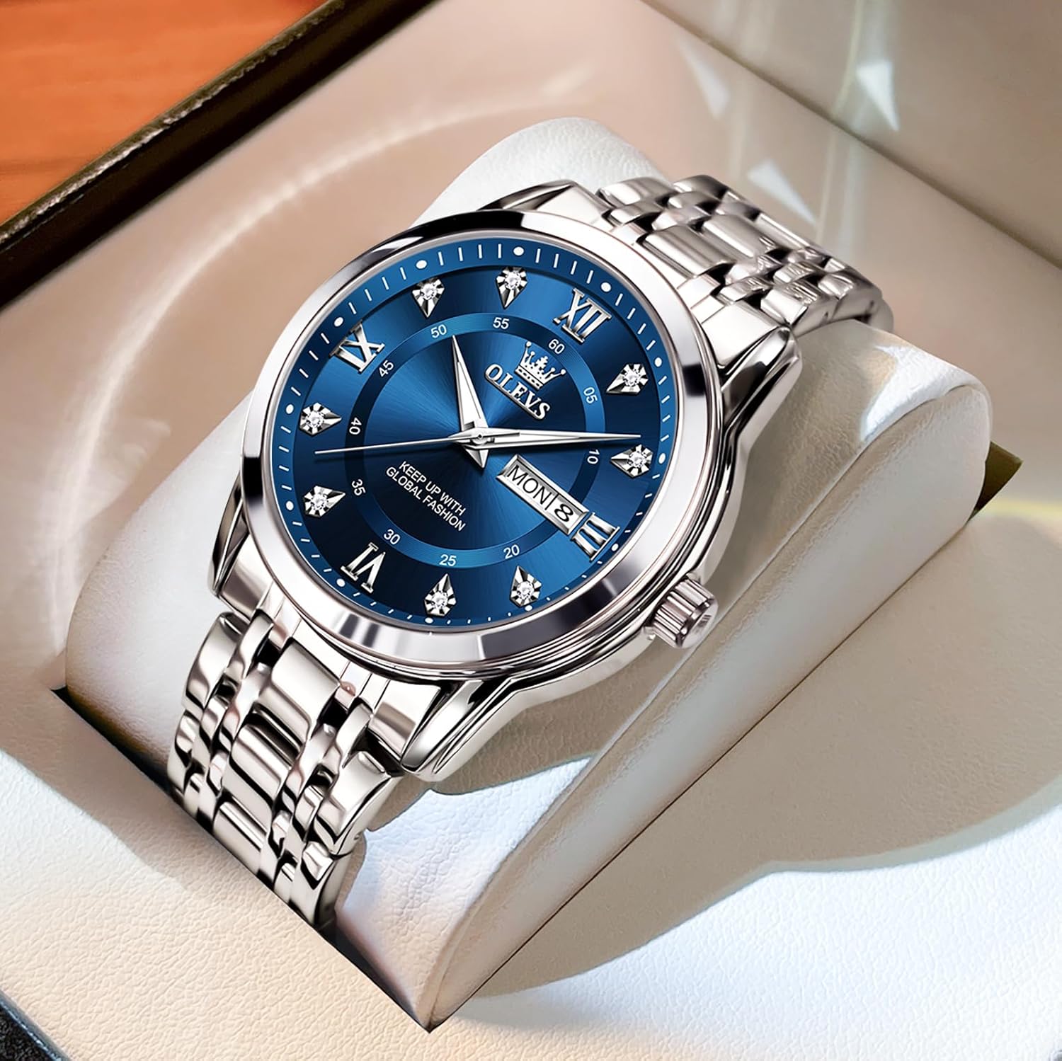 OLEVS Men's Stainless Steel Watch, Large Face Roman Numerals Diamond Accented Three-Hand Analog Quartz Watches for Men, Easy to Read Day Date Waterproof Luminous Mens Wristwatch - Image 8