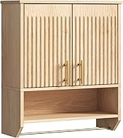 HOOBRO Fluted Farmhouse Bathroom Wall Cabinet, Medicine Storage with Towel Rack & Adjustable Shelf, Natural Wood for Small Spaces