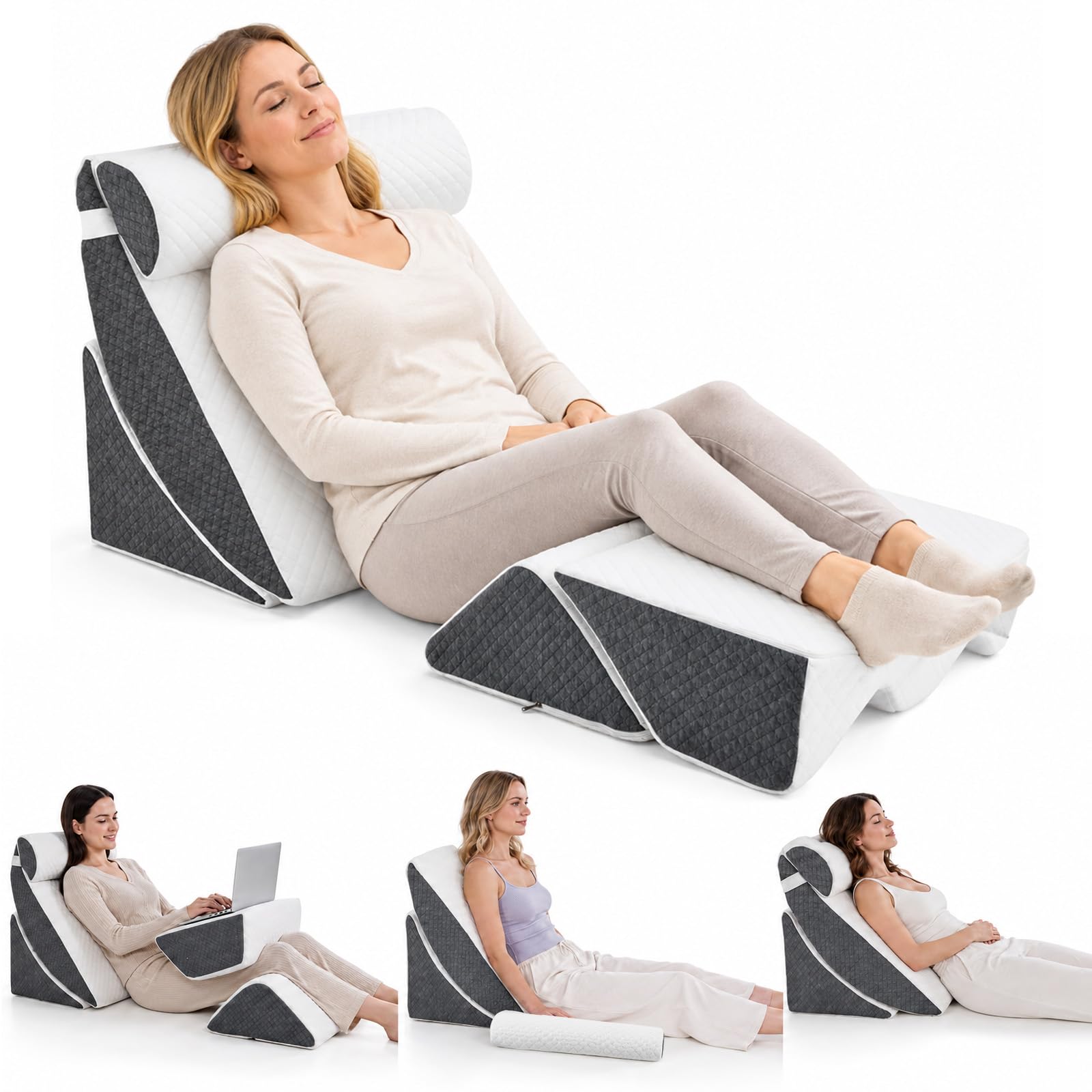 Orthopädisches Bett Keilkissen Set,4pcs Memory-Schaum Keilkissen für Bett Schlafapnoe, Sodbrennen, Beinhochlagerung, Ergonomisches Post Chirurgie Schaum Kissen zur Lesen, Schlafen, Beinkissen (5 PCS)