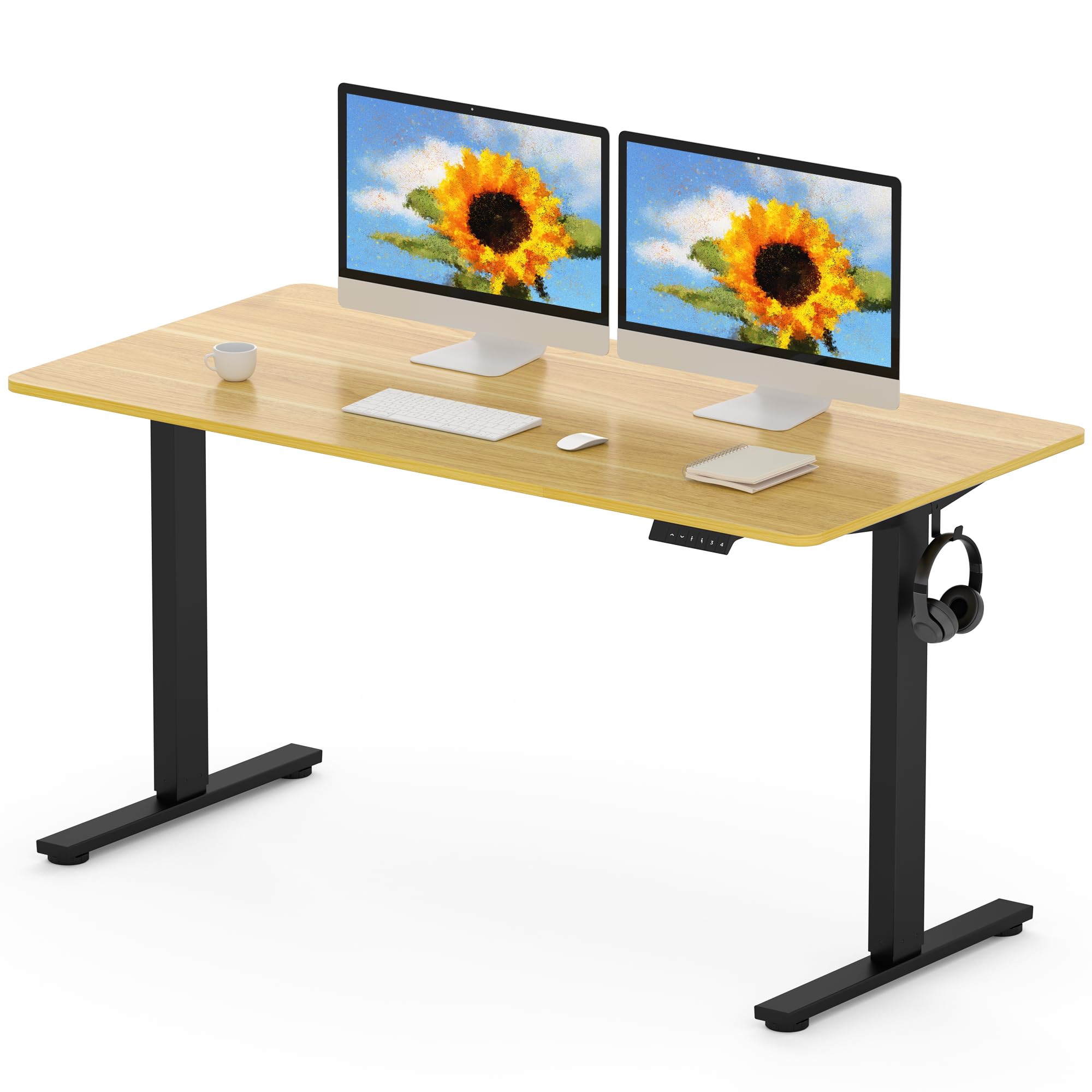 FLEXISPOT 140 x 80cm Electric Standing Desk ONE PIECE Height Adjustable Desk Sit Stand Desk with 4 Memory Smart Panel and Backpack Hook for Home Office, (Black Frame+Maple Desktop) — image 1