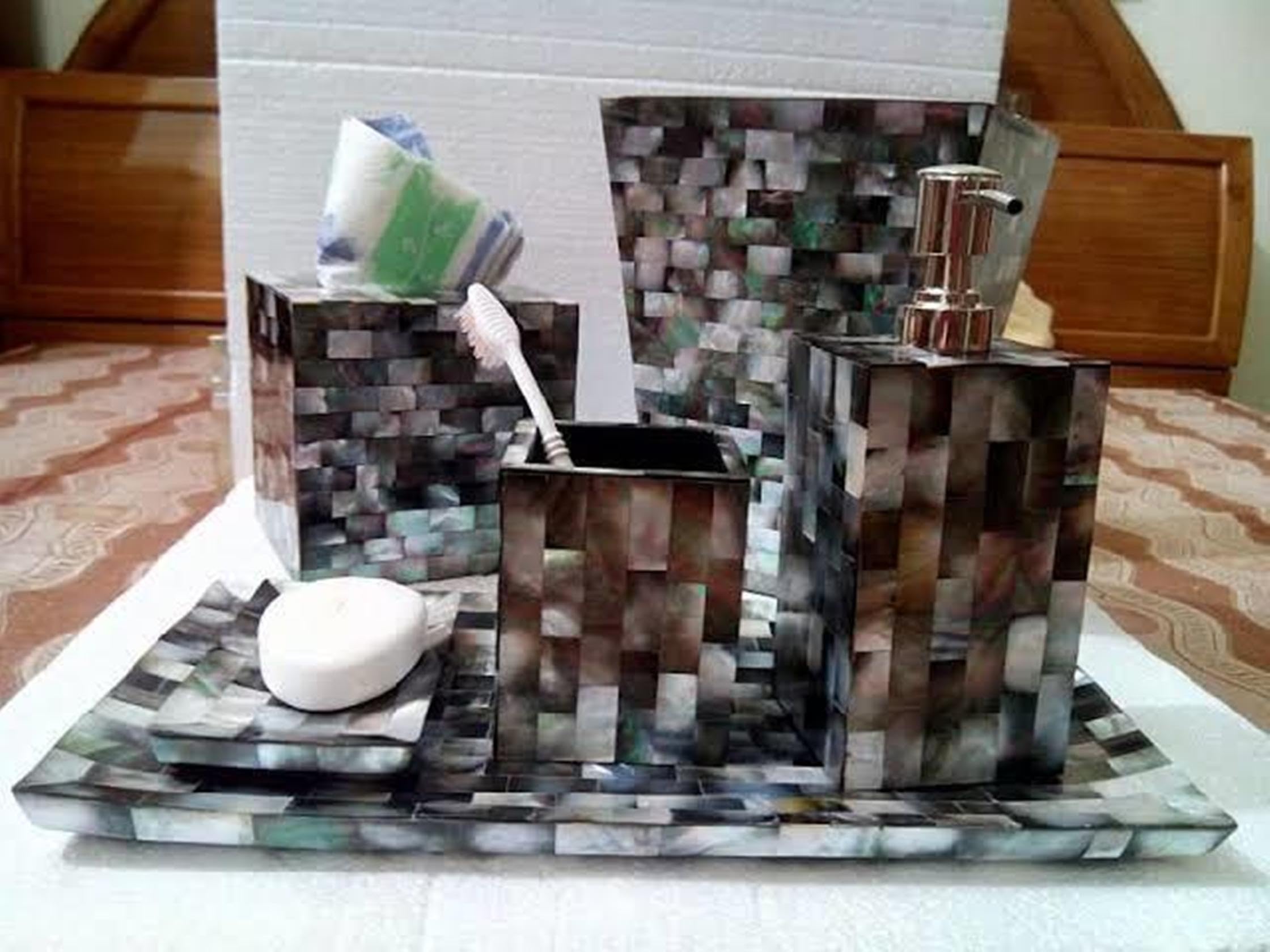 Juego de baño de madre perla I MOP hecho a mano, juego de decoración de baño I MOP Kit de baño I bandeja de toalla de madreperla I MOP cubo de basura juego de 6 piezas