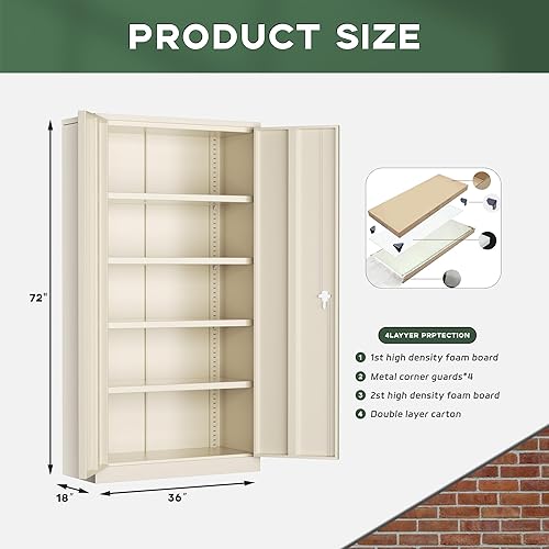 Vista 134 de Greenvelly Armario de almacenamiento de metal para garaje, gabinete de acero negro con bloqueo de 72 pulgadas con puertas y 4 estantes, armarios