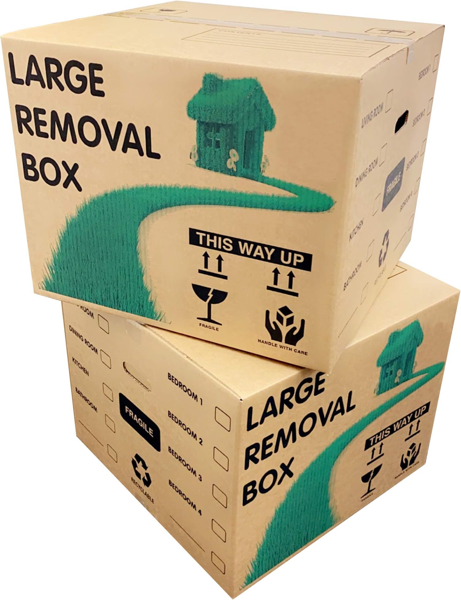 10 x Recyclable Extra Large Strong Cardboard Storage Moving Boxes 53cm x 53cm x 41cm 115 Litres with Carry Handles and Room List
