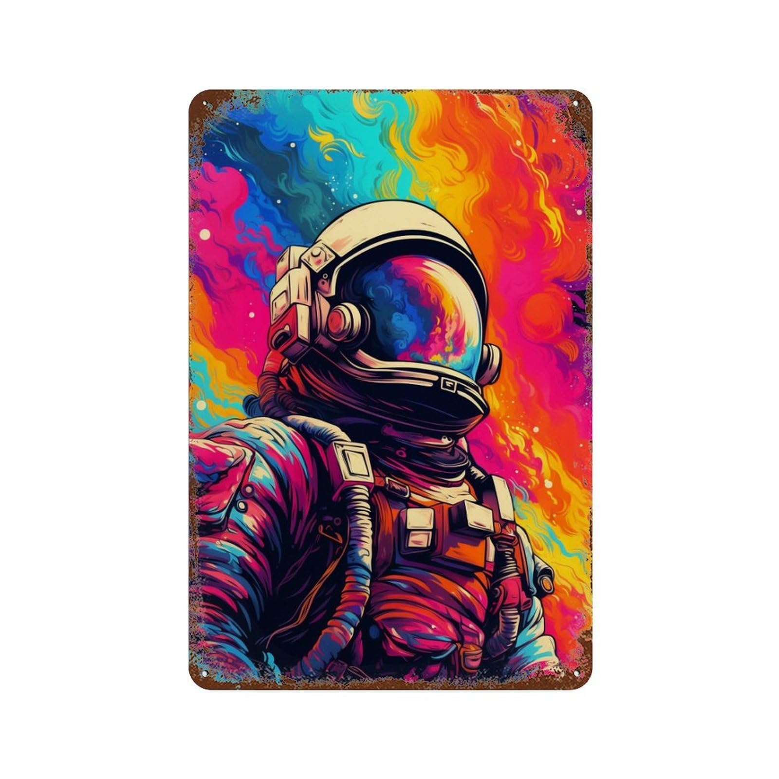 Vibrant Astronaut Artwork 11.8"x7.9" Rustic Tin Plaque, Novelty Wall Decor for Bistro, Counter And Cafe Decor