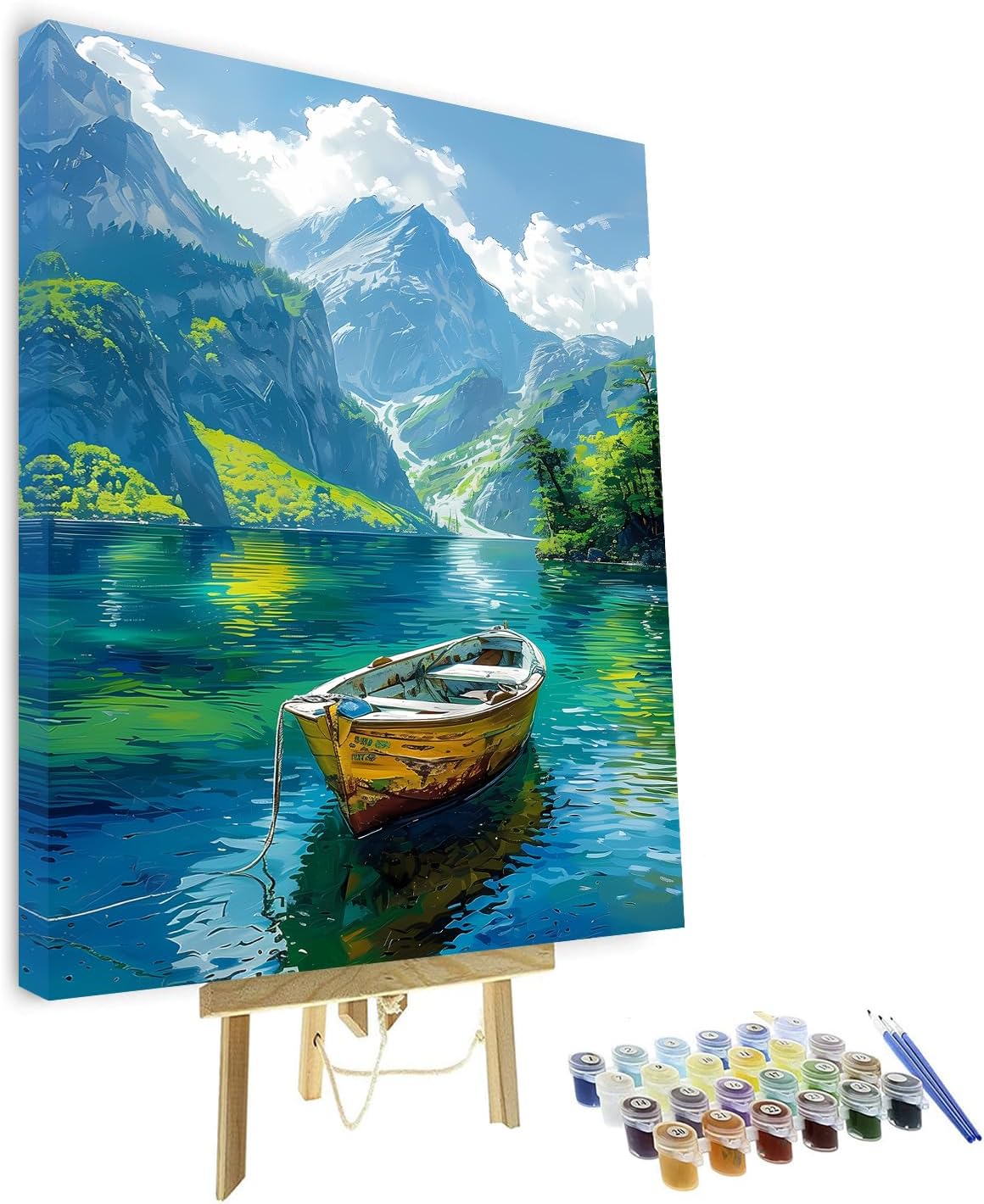 High Mountain Paint by Numbers for Adults Beginner, Green and Blue Small Boat on the River Acrylic Painting by Number Kits Scenery DIY Art Craft Kits Suitable for Home Wall Decor With Frame 16x20 Inch