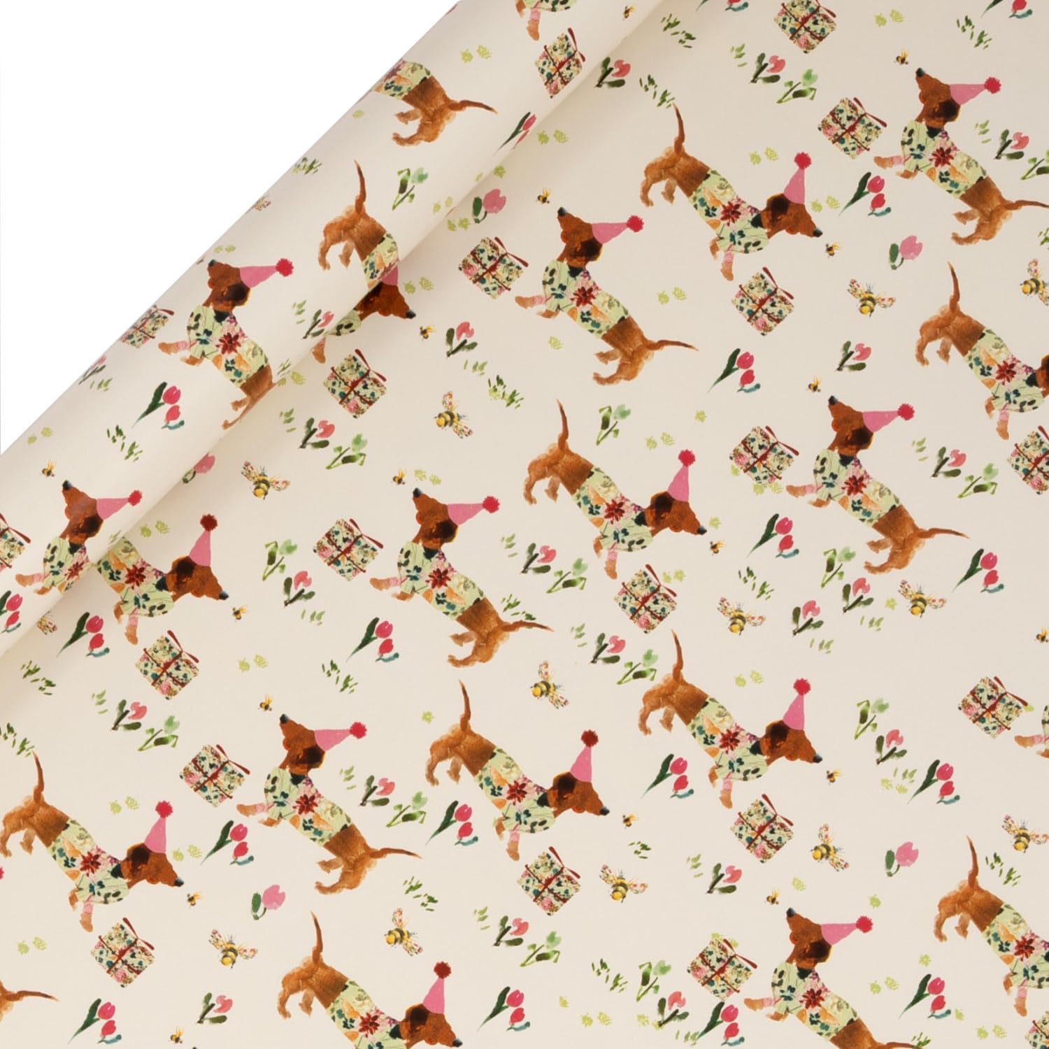 Glick Roll Wrap, Birthday Sausage Dog Floral, Wrapping Paper 4 metres x 70 cms, Suitable for Birthdays & Other Celebrations