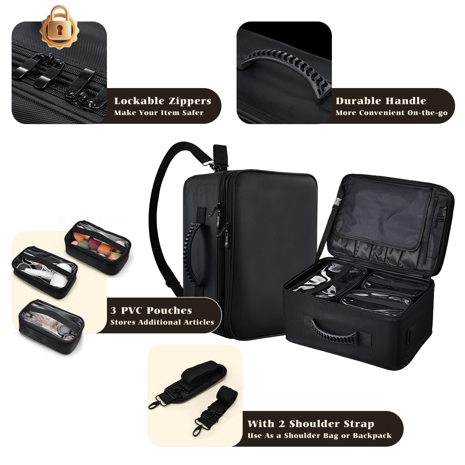 Costravio Makeup Backpack Organizer with Adjustable Dividers and Clear Pouches