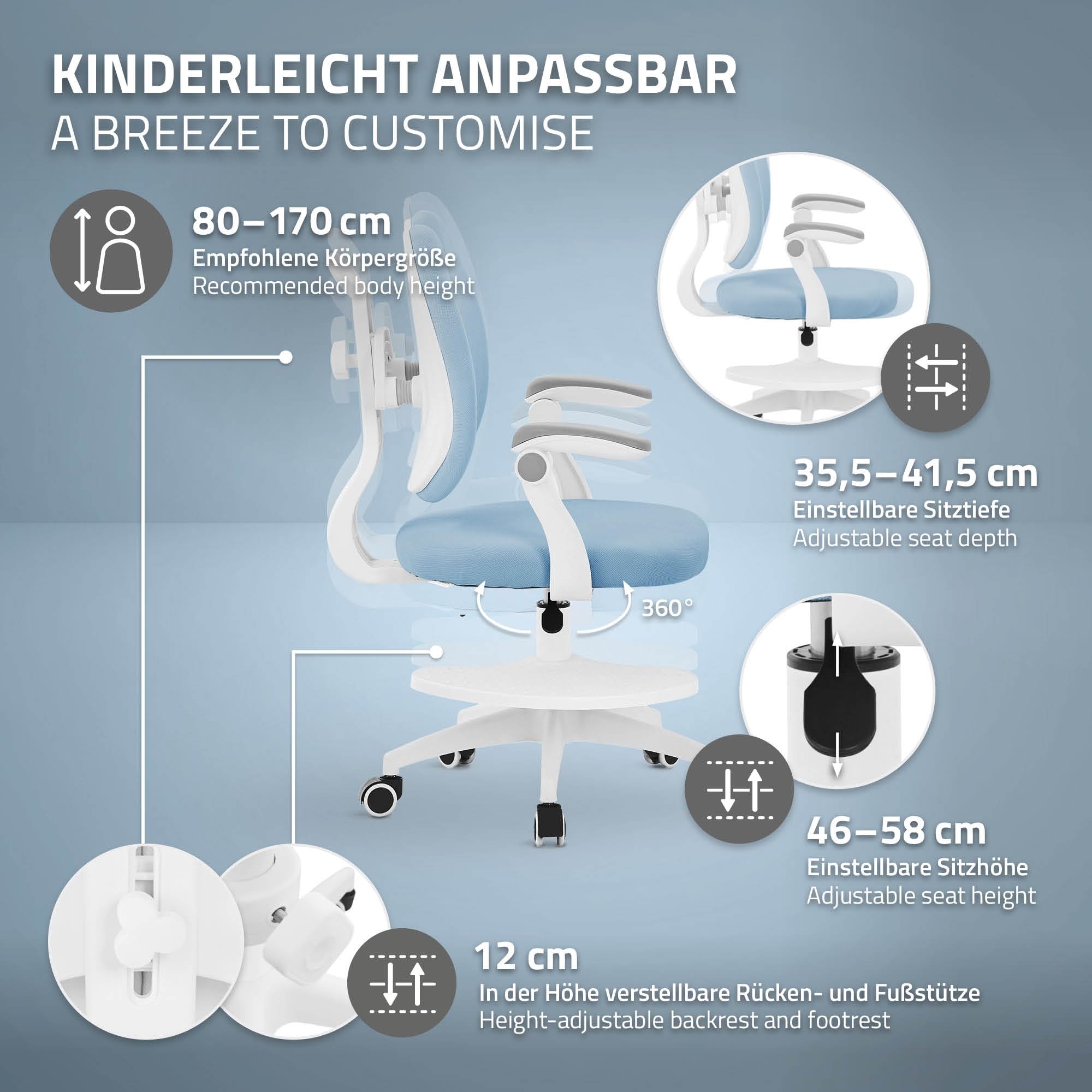 ML-Design Chaise de Bureau pour Enfant, 95-107 cm Bleu avec Dossier Divisé et Repose-Pieds, Fauteuil d'Étude Ergonomique Pivotant à 360°, Hauteur Réglable, Accoudoirs Rabattables, Tissu Respirant