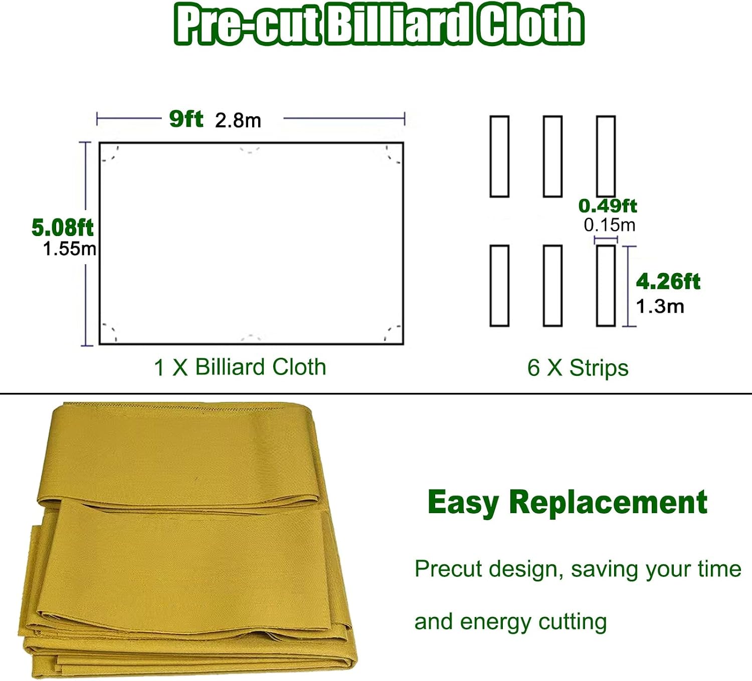 2.8M/9FT Fast Speed Pool Table Cloth Replacement Kit Pre-Cut Billiard Felt with 6 Strips for Bars Hotels Home Game Rooms