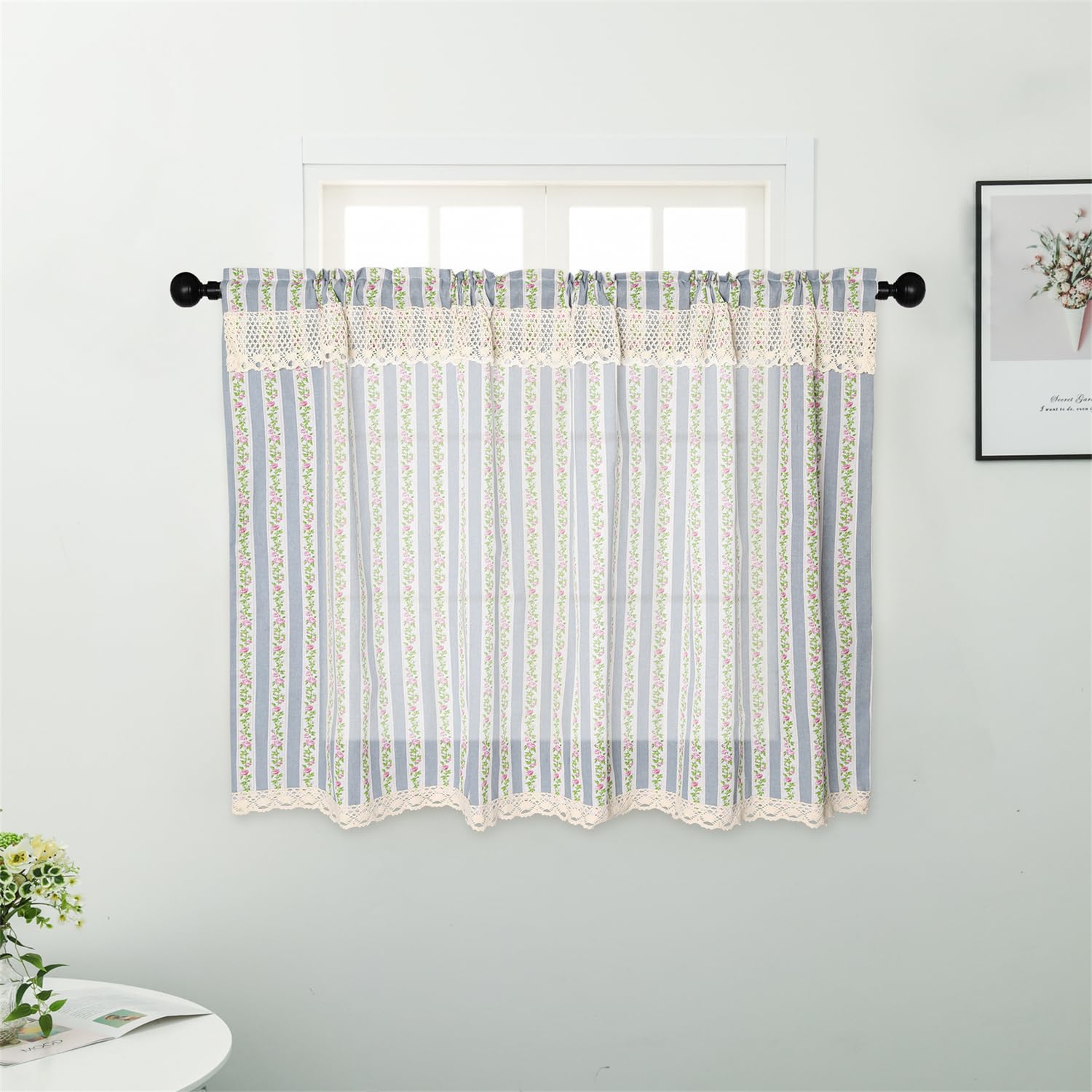 Moslosvstar Farmhouse Tier Curtain - 24 Inch Cotton Linen Floral Lace Valance For Kitchen, Bathroom
