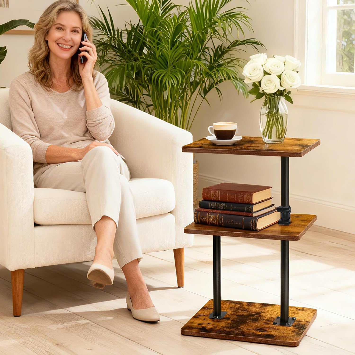 Swivel Side Table for Couch, 2 Pack Small End Table Adjustable Height Night Stand, 360° Swivel Nightstand with Storage Shelf for Small Spaces, Living Room, Bedroom